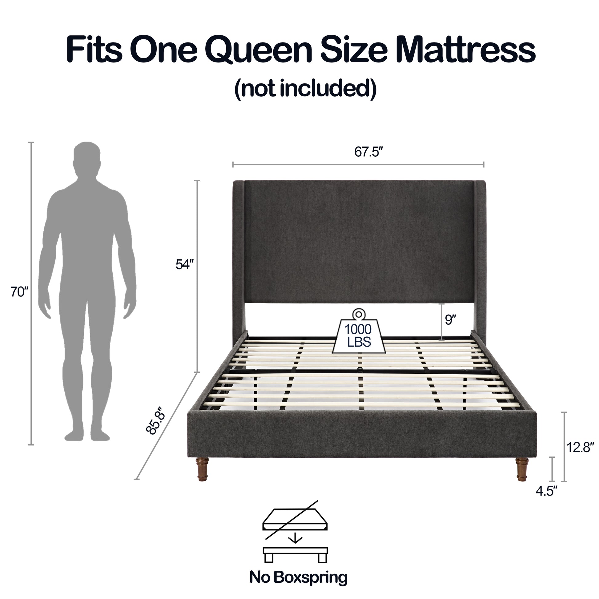 Harper Tall Headboard Upholstered Bed 54" High Headboard Elegant Simplicity No Box Spring Needed Easy Assembly Queen Dark Gray Velvet Box Spring Not Required Queen Dark Gray Metal Brown Bedroom Contemporary Oak Bed Frame Foam Velvet Fabric Metal