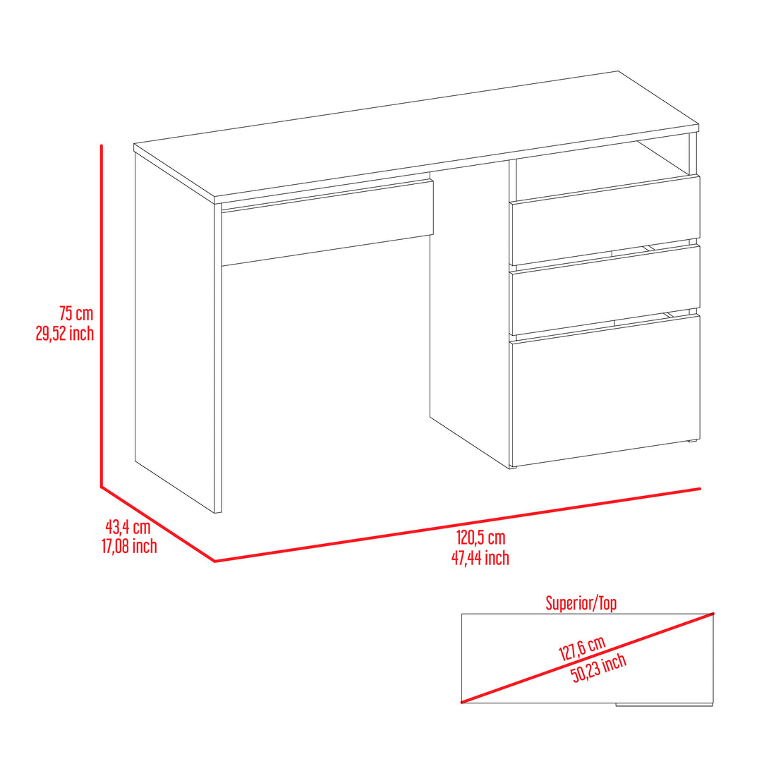 Louisiana Writing Computer Desk, Three Drawers Black Office Drawers Pine Engineered Wood