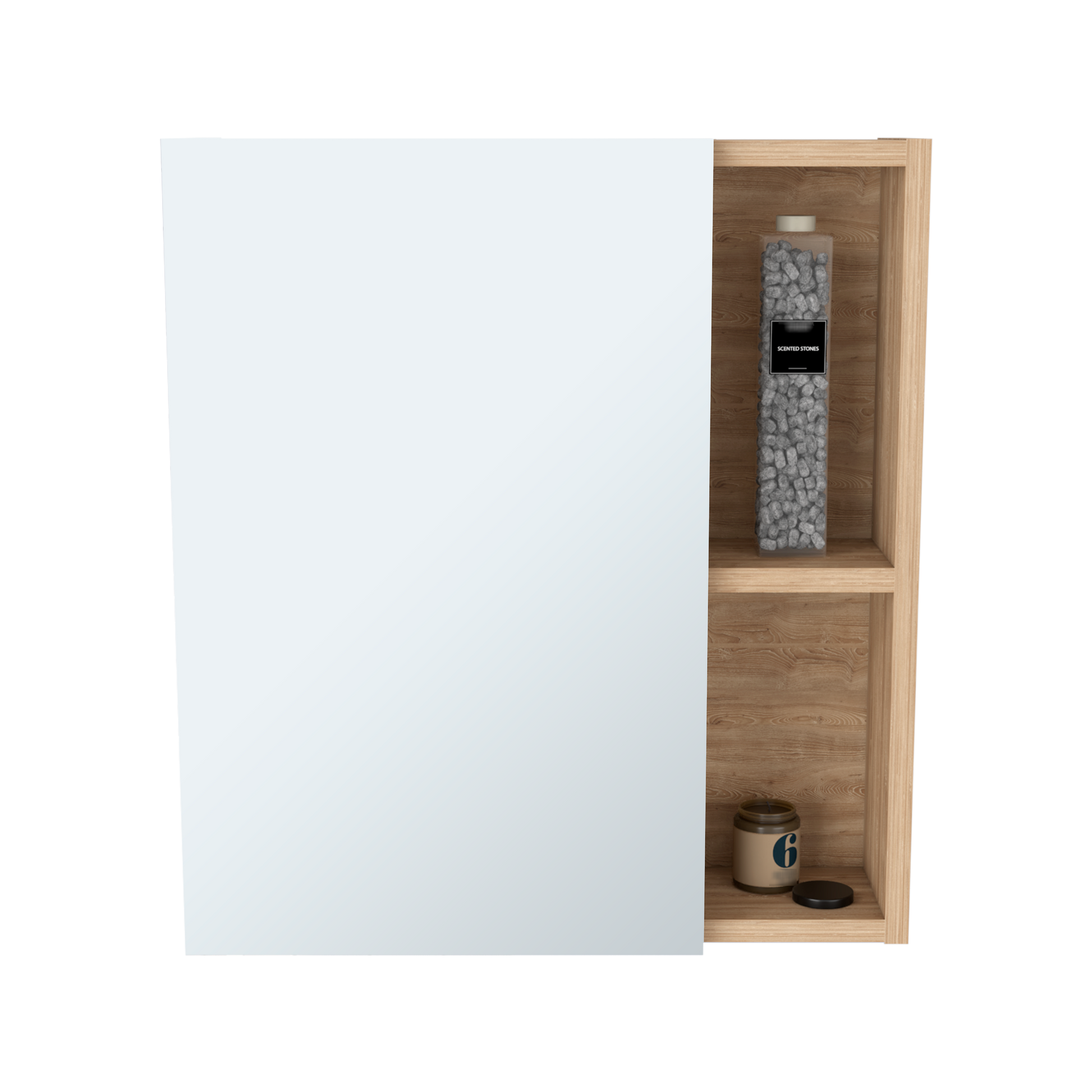 Medicine Single Door Cabinet 19" H With Mirror, Five Interior Shelves, Light Oak Beige Particle Board Particle Board