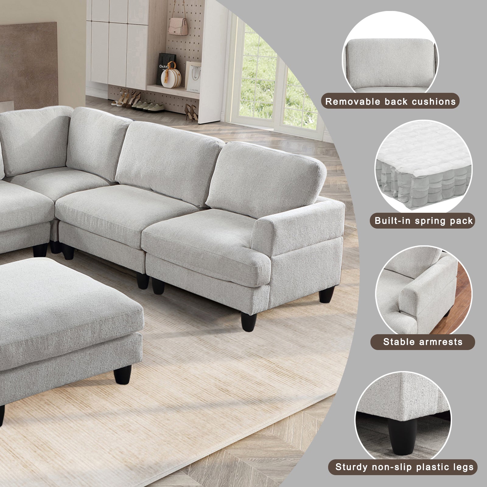 Modular Sofa, Sectional Couch U Shaped Sofa Couch With Ottoman, 6 Seat Chenille Corner Sofa For Living Room, Light Gray Light Gray Chenille Cushion Back Foam Plywood 6 Seat