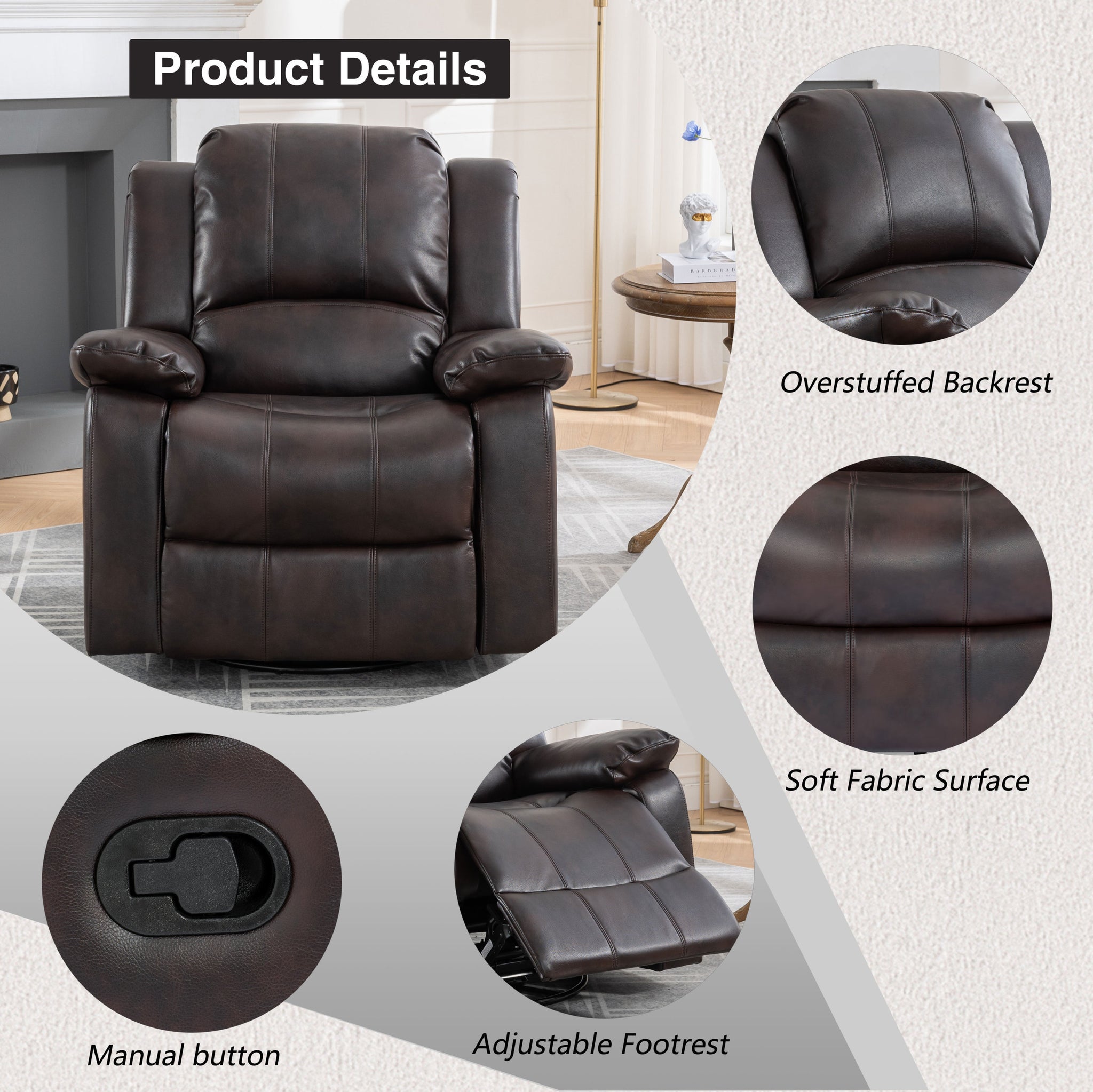 Swivel and Glider Recliner Chair, Brown brown-faux leather-manual-push