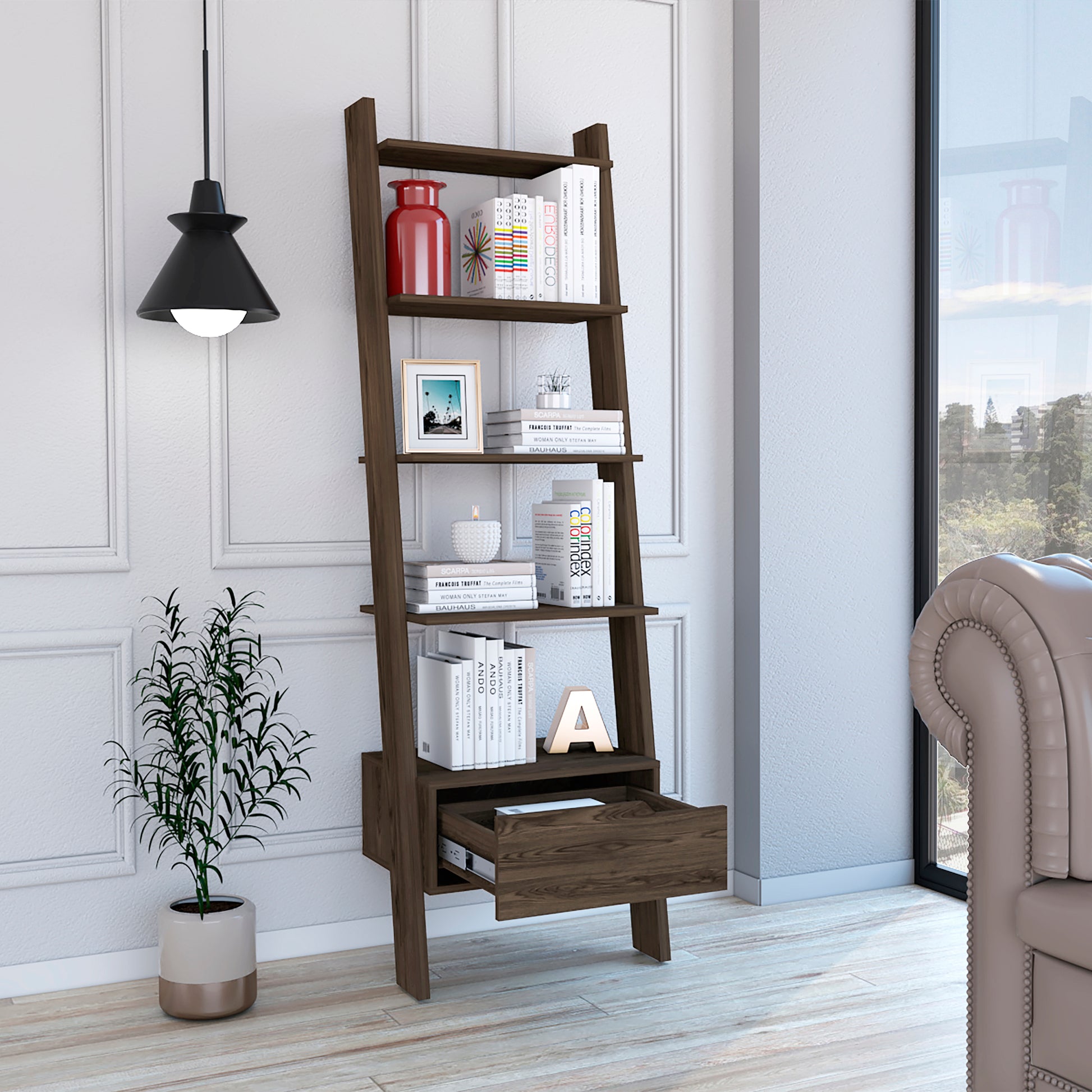 Hamburg Ladder Bookcase, Five Open Shelves, One