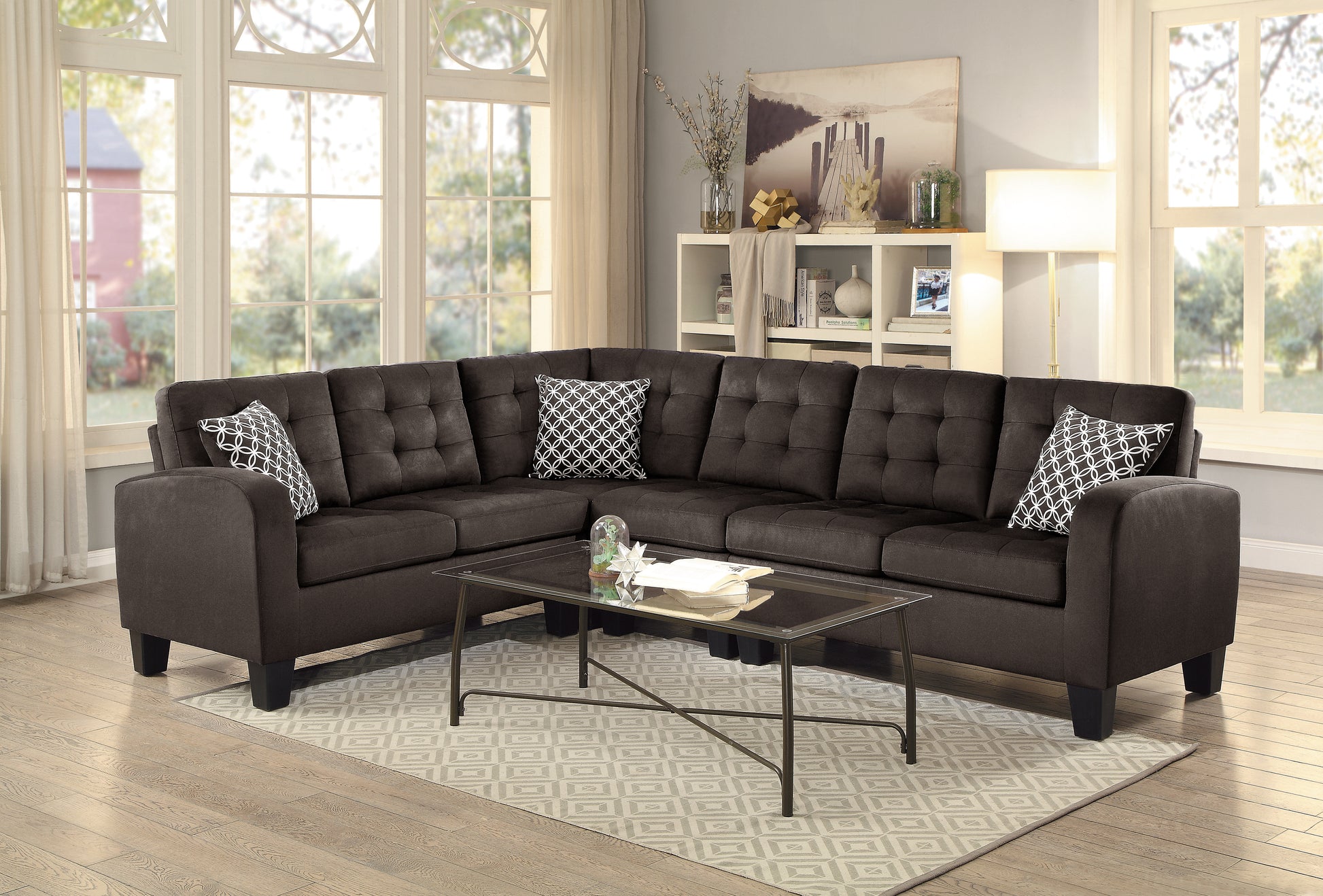 Dark Brown Reversible 4 Piece Sectional Sofa Tufted Detail Textured Fabric Upholstered Solid Wood Contemporary Living Room Furniture L Shape Sofa Couch Chocolate Polyester Wood Primary Living Space Pillow Back Contemporary L Shaped Solid Wood