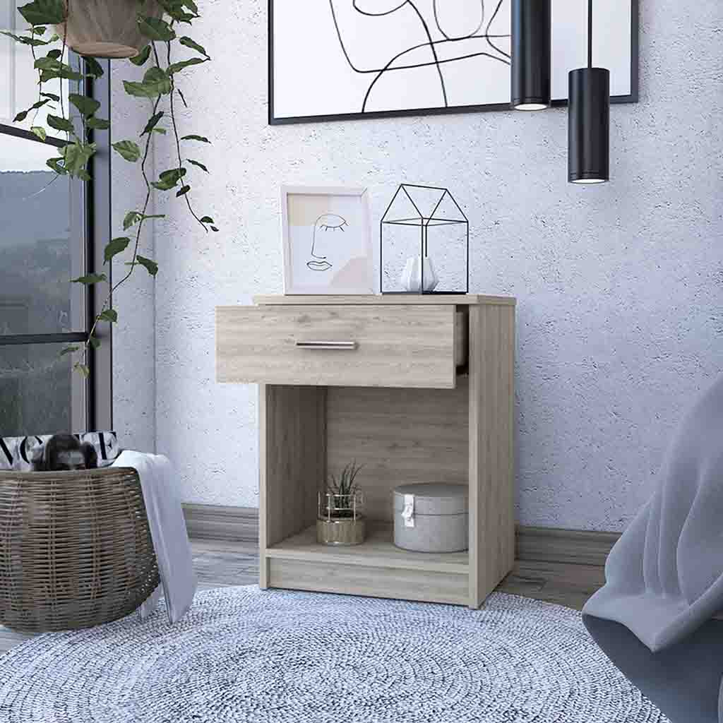 Pictor Nightstand, One Drawer, Lower Shelf, Superior Top Light Gray 1 Drawer Bedroom Bedside Cabinet American Design,Industrial,Modern Pine Shelf Pine Pine Engineered Wood