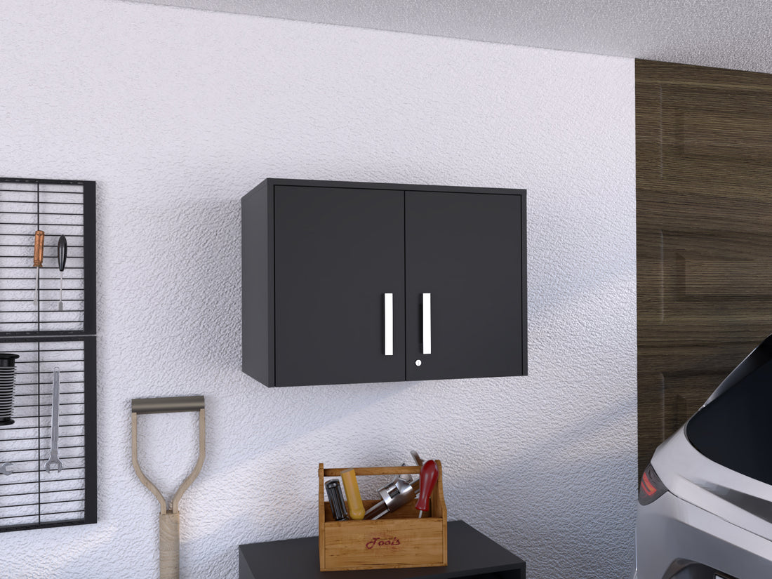 Wall Storage Cabinet 20" H, Two Doors, Three Internal Shelves, Black Black Particle Board Particle Board