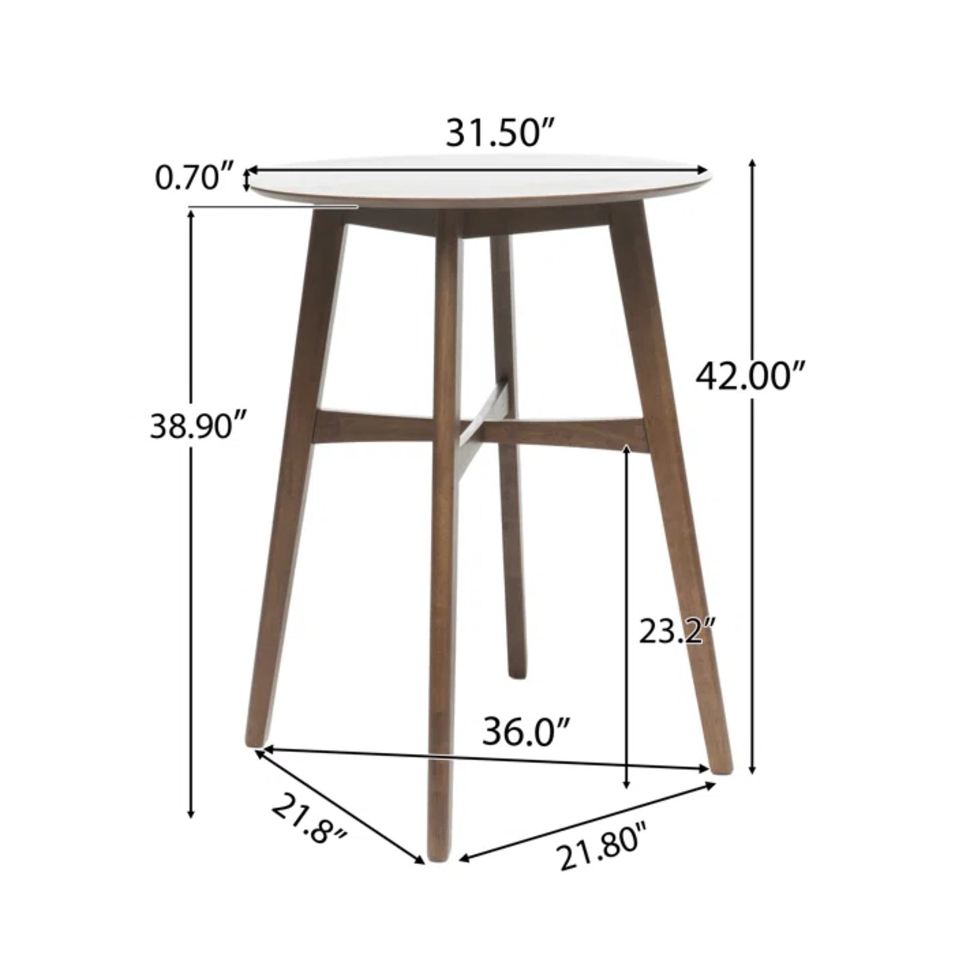 Mid Century Modern Circular Wood Bar Table With Tapered Legs, 31.50"L X 31.50"W X 42.00"H, Natural Walnut Natural Walnut Solid Wood Mdf