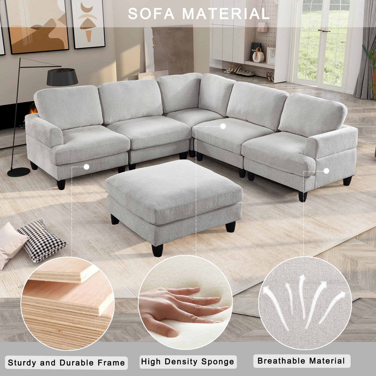 Modular Sofa, Sectional Couch U Shaped Sofa Couch With Ottoman, 6 Seat Chenille Corner Sofa For Living Room, Light Gray Light Gray Chenille Cushion Back Foam Plywood 6 Seat