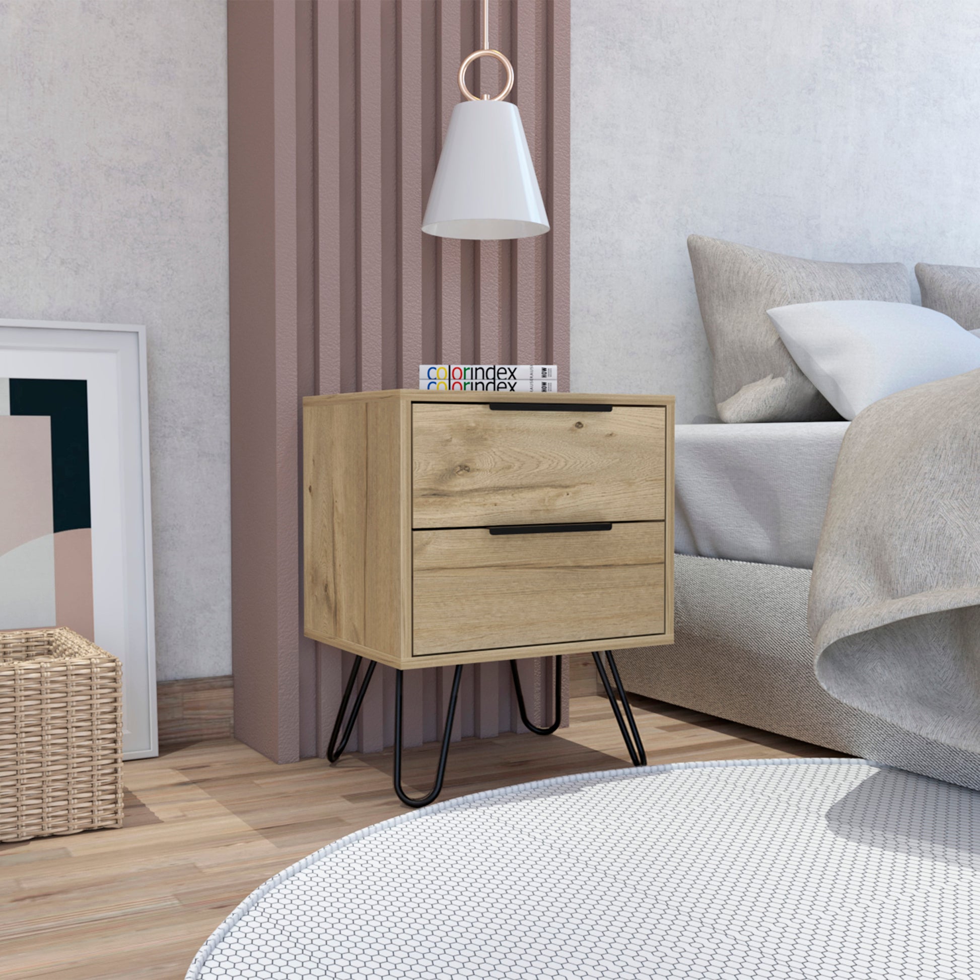 Nuvo 2 Nightstand,Two Drawers, Hairpin Legs Light Oak Pine Engineered Wood