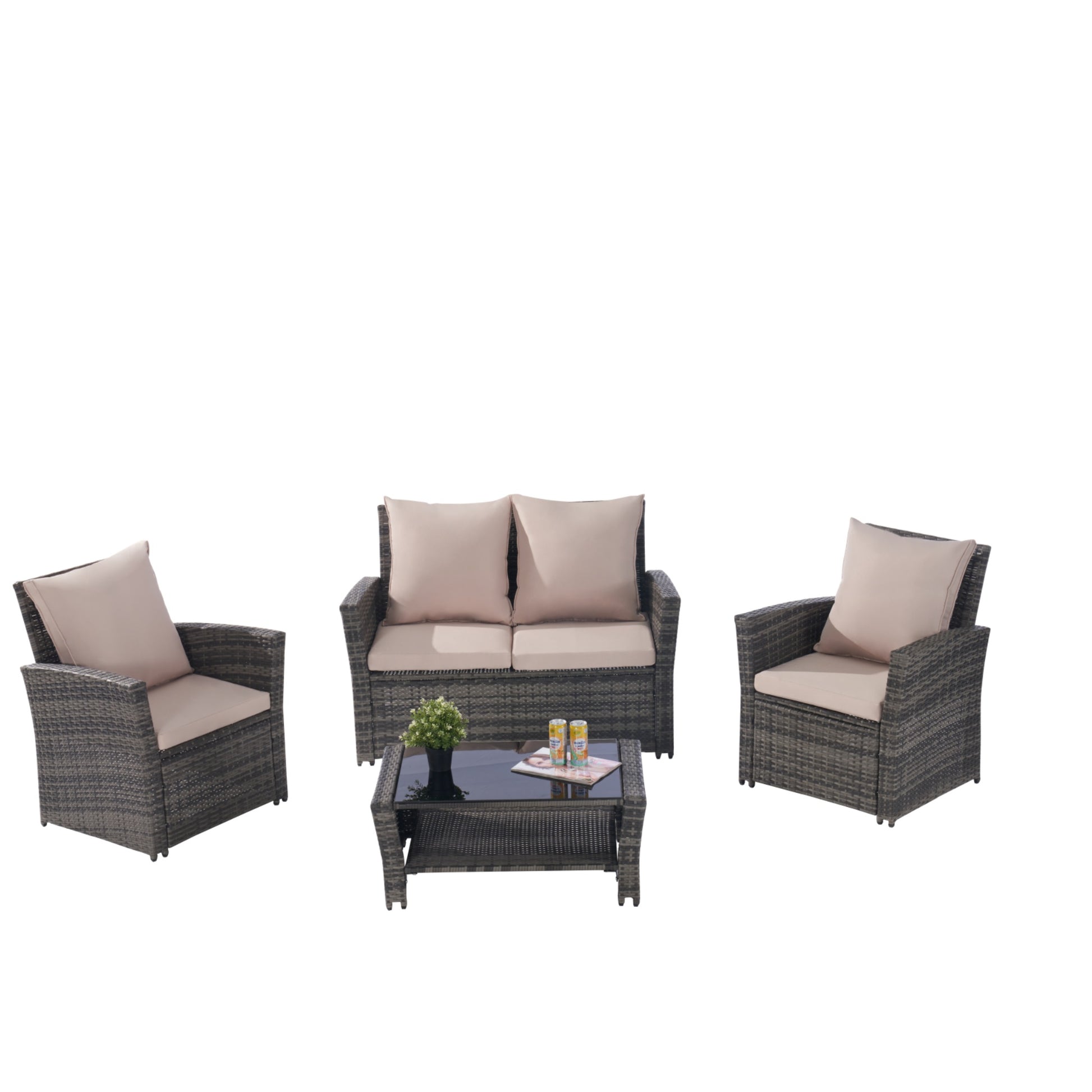 4 Pieces Outdoor Patio Furniture Sets Garden Rattan Chair Wicker Set, Poolside Lawn Chairs With Tempered Glass Coffee Table Porch Furniture, Gray Rattan Sand Color Cushion Yes Complete Patio Set Dark Gray Water Resistant Frame Water Resistant Cushion