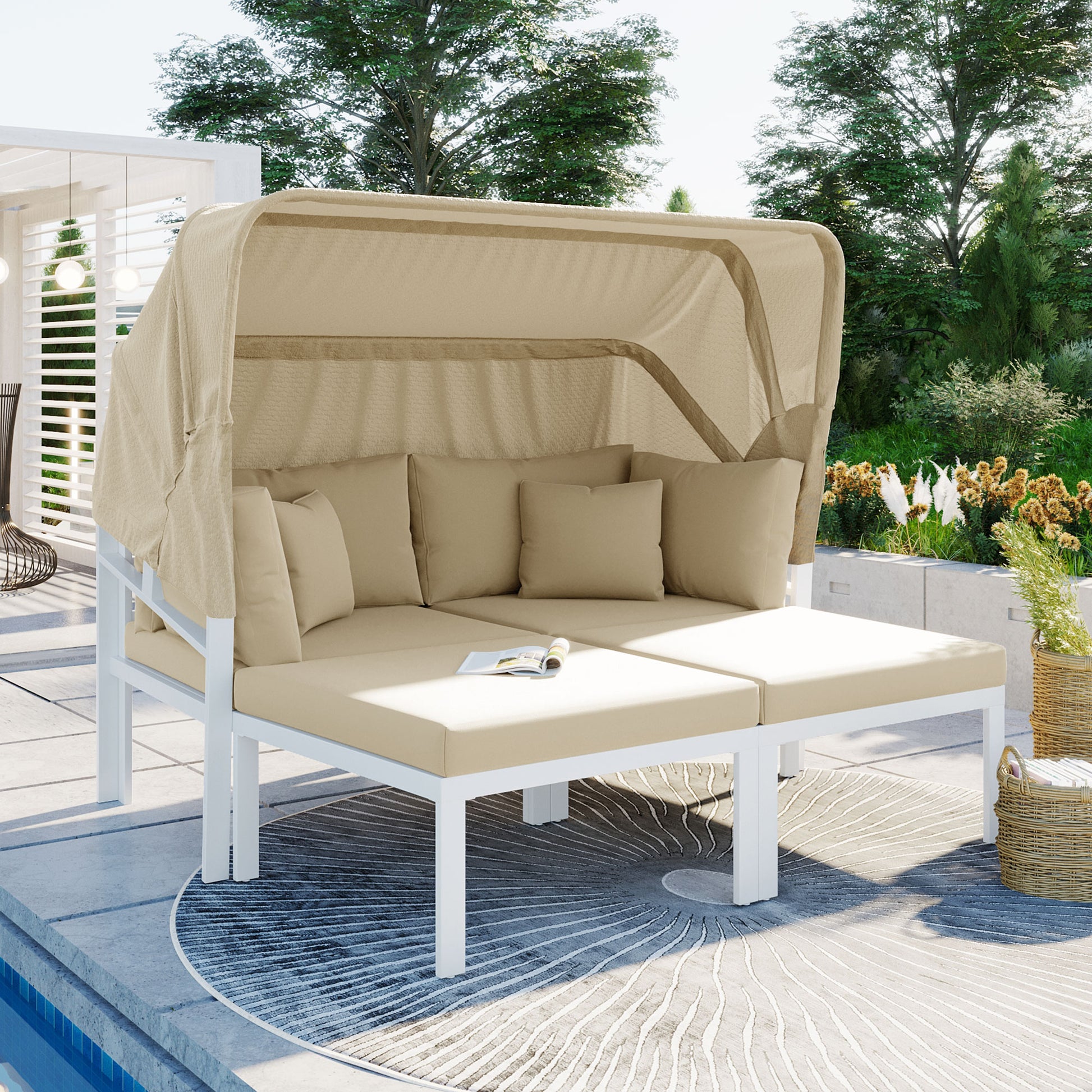 3 Piece Patio Daybed With Retractable Canopy Outdoor Metal Sectional Sofa Set Sun Lounger With Cushions For Backyard, Porch, Poolside, Beige Yes Lounge Beige Weather Resistant Frame Water Resistant Cushion Garden & Outdoor Complete Patio Sets Foam Metal