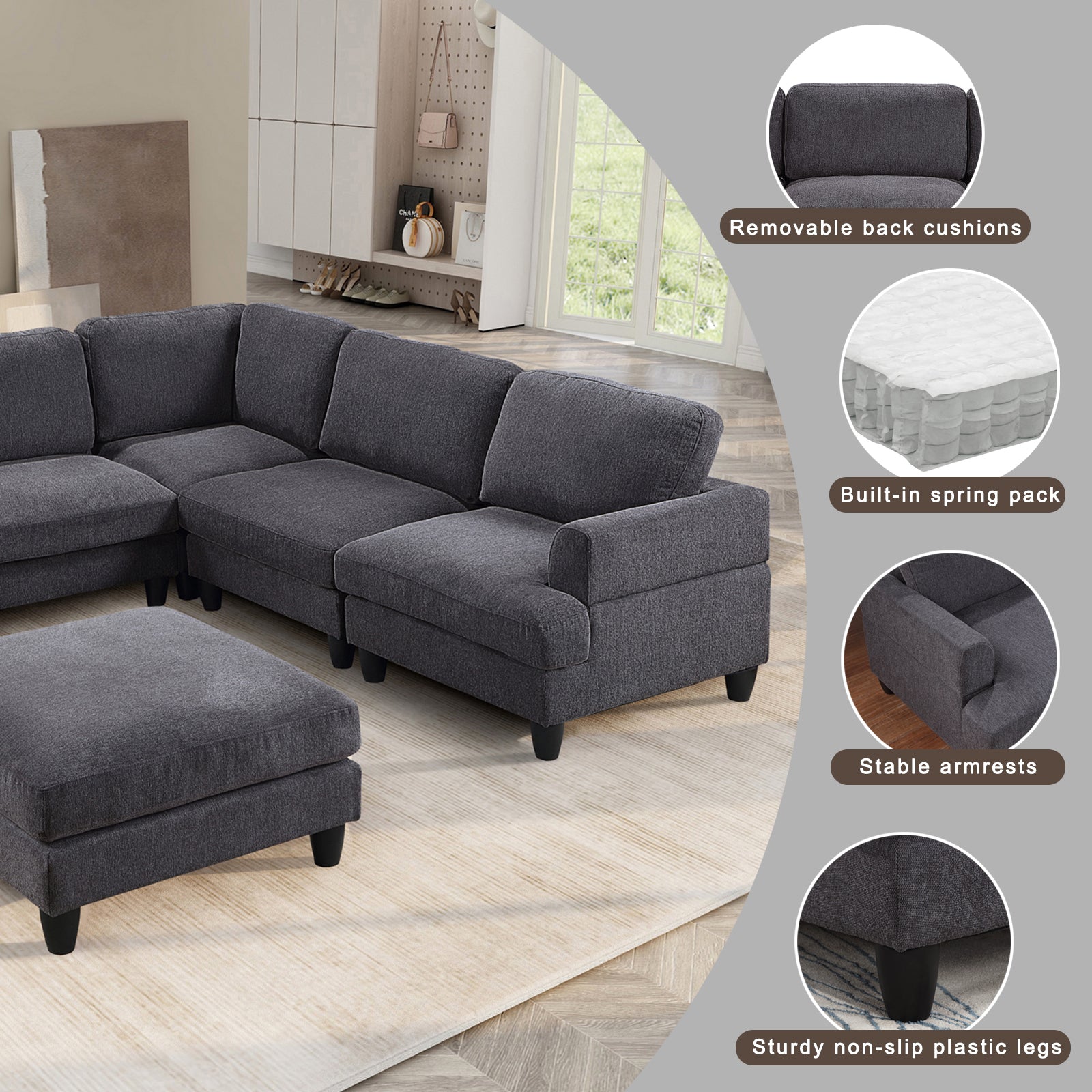 Modular Sofa, Sectional Couch U Shaped Sofa Couch With Ottoman, 6 Seat Chenille Corner Sofa For Living Room, Dark Gray Dark Gray Chenille Cushion Back Foam Plywood 6 Seat