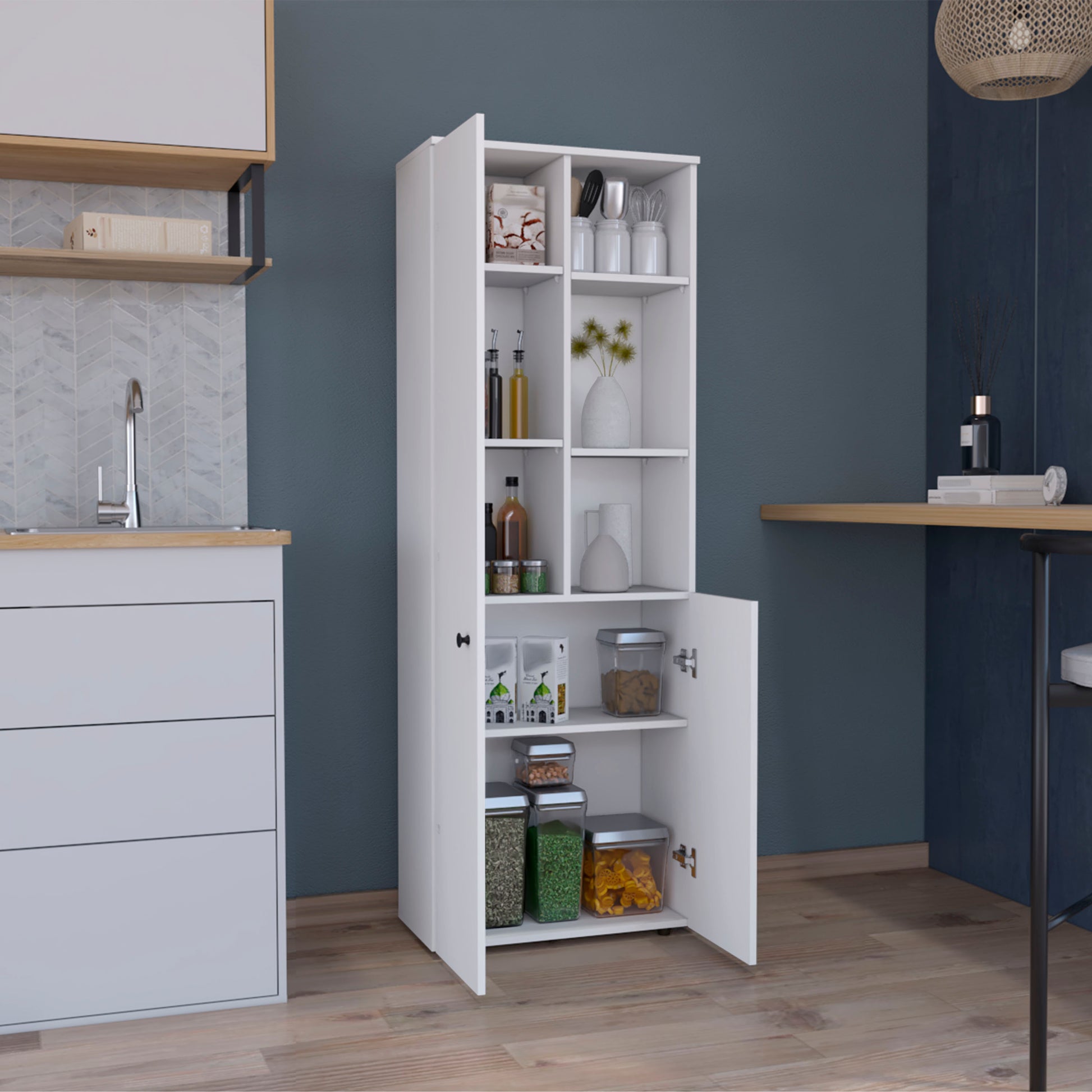 Konik 67 Inch High Storage Cabinet Kitchen Pantry With Three Doors And Three Exterior Shelves White Kitchen Modern Mdf Shelves Included Engineered Wood