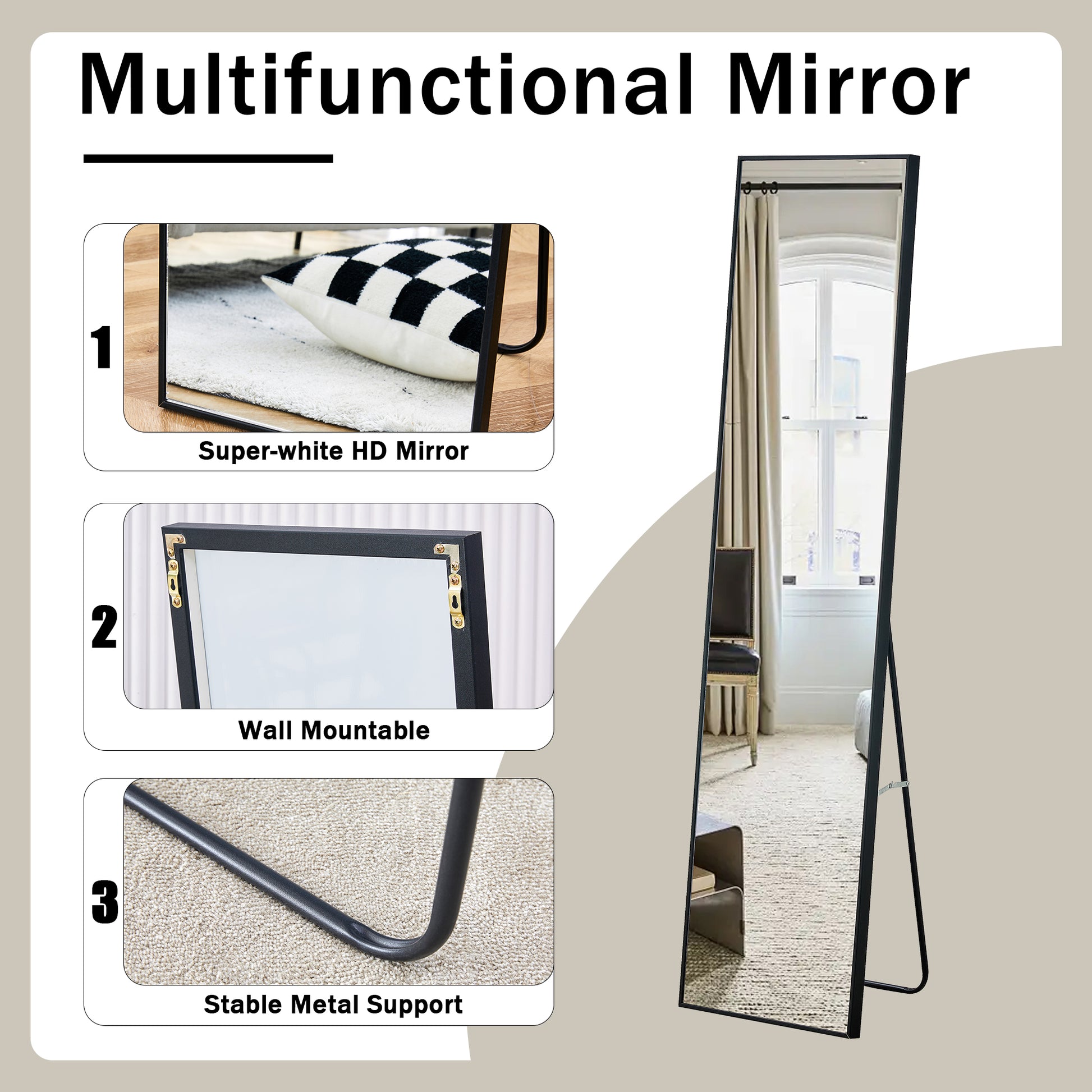 4Rd Generation Black Solid Wood Frame Full Length Mirror, Dressing Mirror, Bedroom Porch, Decorative Mirror, Clothing Store, Floor To Ceiling Mirror, Wall Mounted. 58 Inches * 15 Inches W1151124246 Transparent Glass