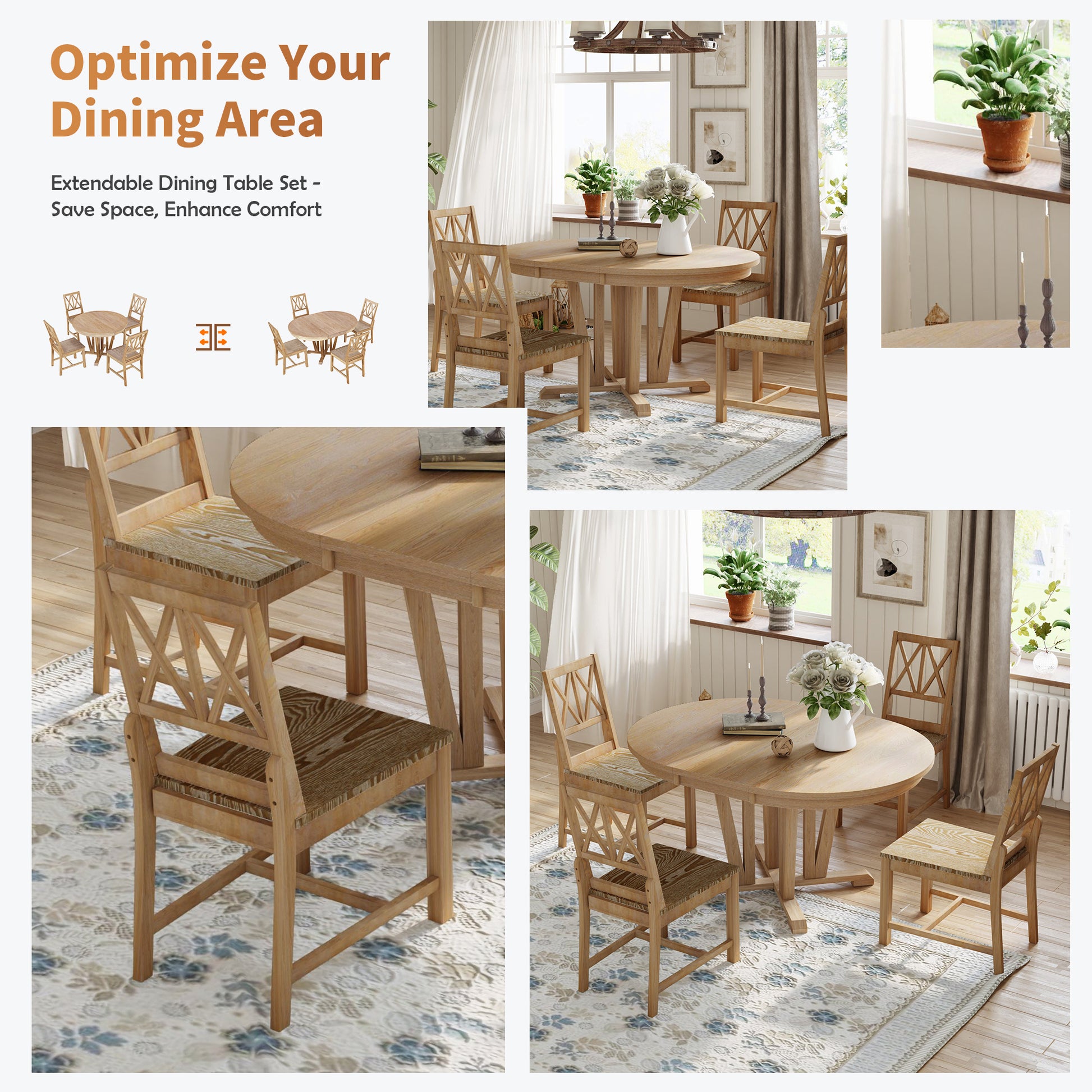 Rustic 5 Piece Extendable Dining Table Set Round Trestle Table And 4 Cross Back Dining Chairs For Kitchen, Dining Room, Natural Wood Dining Room Solid Wood Rubberwood Round Dining Table With Chair Wood Wood Natural Solid Back Seats 4 Removable Leaf