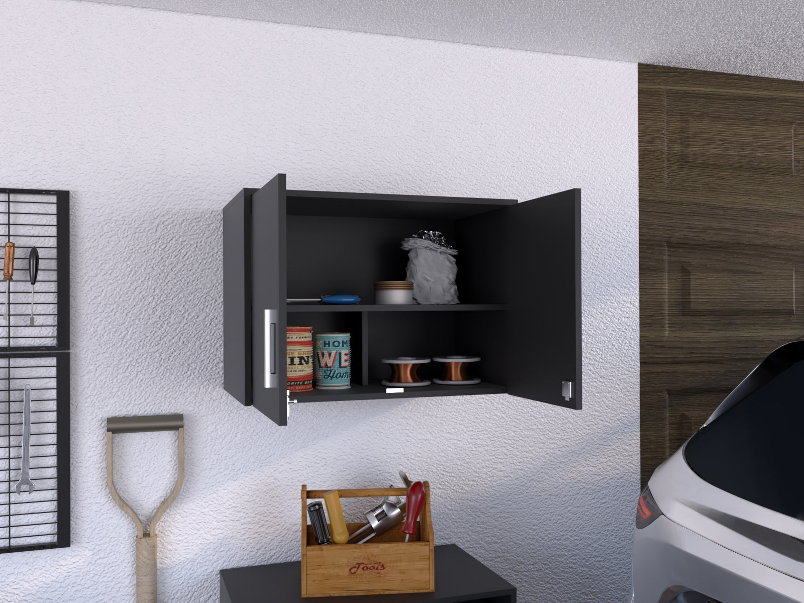 Wall Storage Cabinet 20" H, Two Doors, Three Internal Shelves, Black Black Particle Board Particle Board