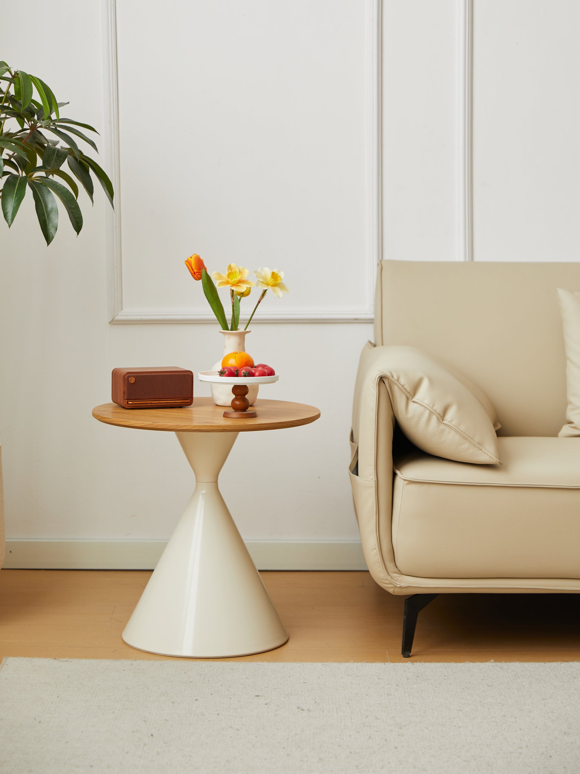 Round Coffee Table White Wood Brown White Mdf Metal