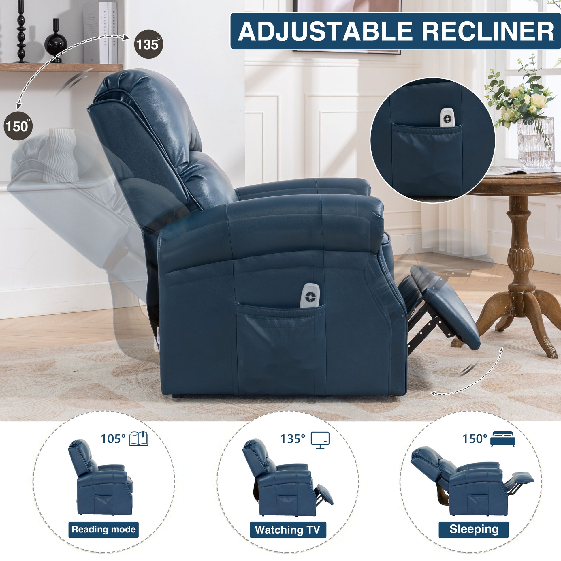 Lift Recliner Chair, Electric Power Lift Recliner Chair For Elderly, Navy Blue Navy Blue Faux Leather Power Remote Wood Primary Living Space Soft American Traditional Metal & Wood