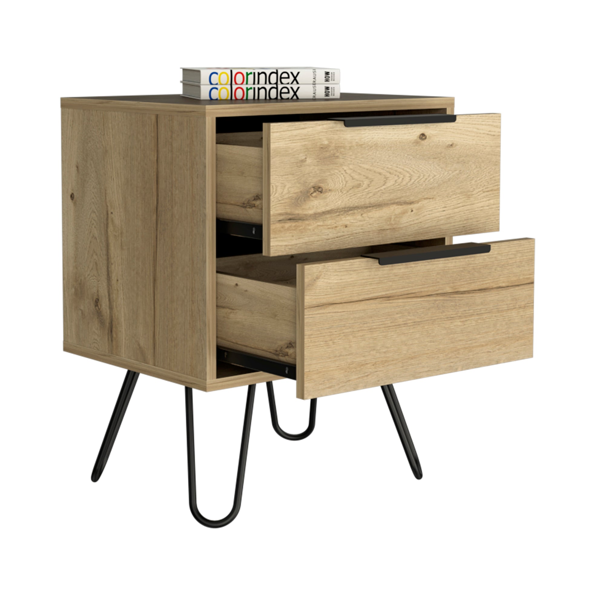 Nuvo 2 Nightstand,Two Drawers, Hairpin Legs Light Oak Pine Engineered Wood