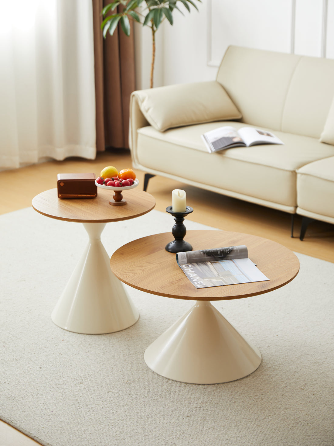 Round Coffee Table White Wood Brown White Mdf Metal