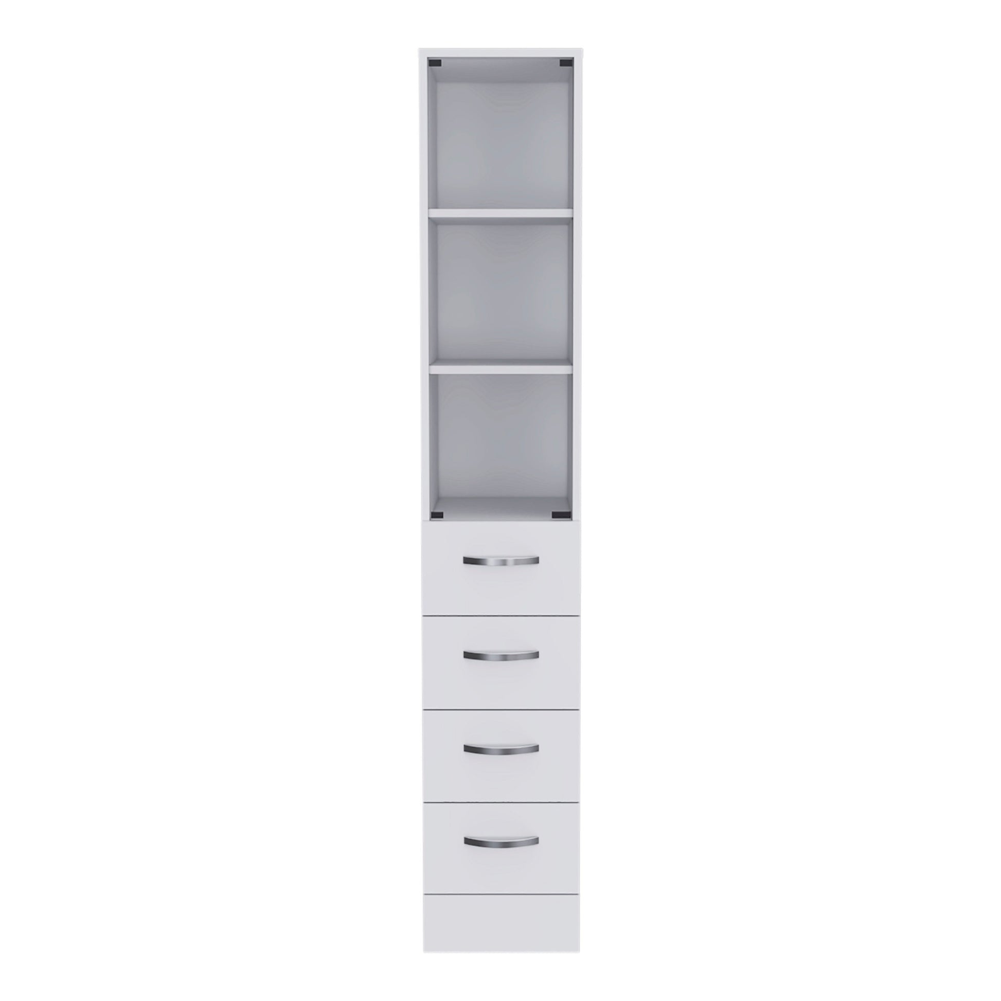 Preston Linen Cabinet, Three Shelves, Four Drawers 4 White 1 3 Up To 17 In 60 In & Above Conceled Hinges Bathroom Freestanding Modern 15 20 Inches Pine Engineered Wood