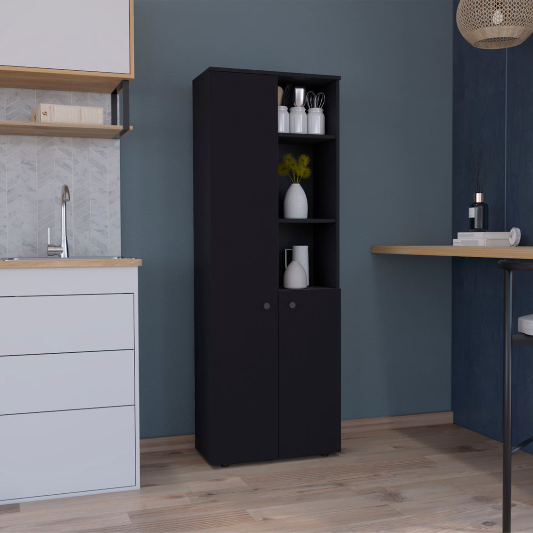 Konik 67 Inch High Storage Cabinet Kitchen Pantry With Three Doors And Three Exterior Shelves Black Kitchen Modern Mdf Shelves Included Engineered Wood