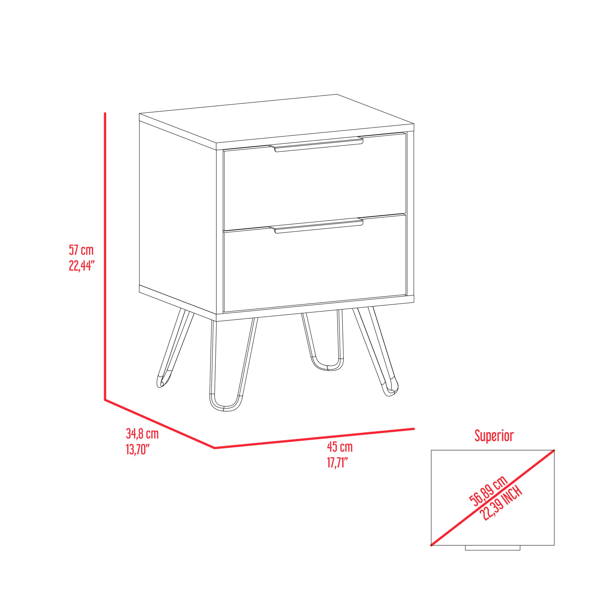 Nuvo 2 Nightstand,Two Drawers, Hairpin Legs Light Oak Pine Engineered Wood