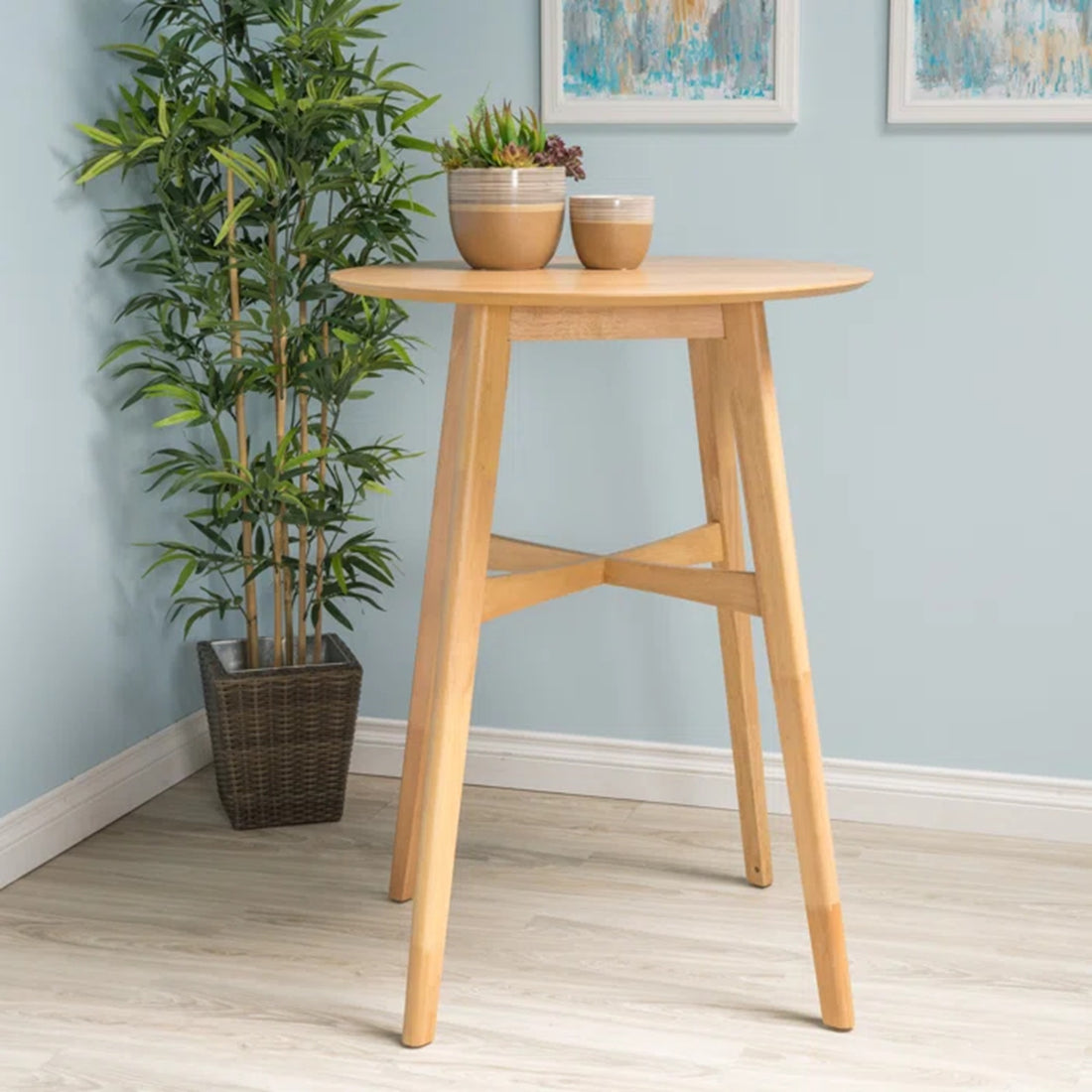 Mid Century Modern Circular Wood Bar Table With Tapered Legs, 31.50"L X 31.50"W X 42.00"H, Natural Oak Oak Solid Wood Mdf