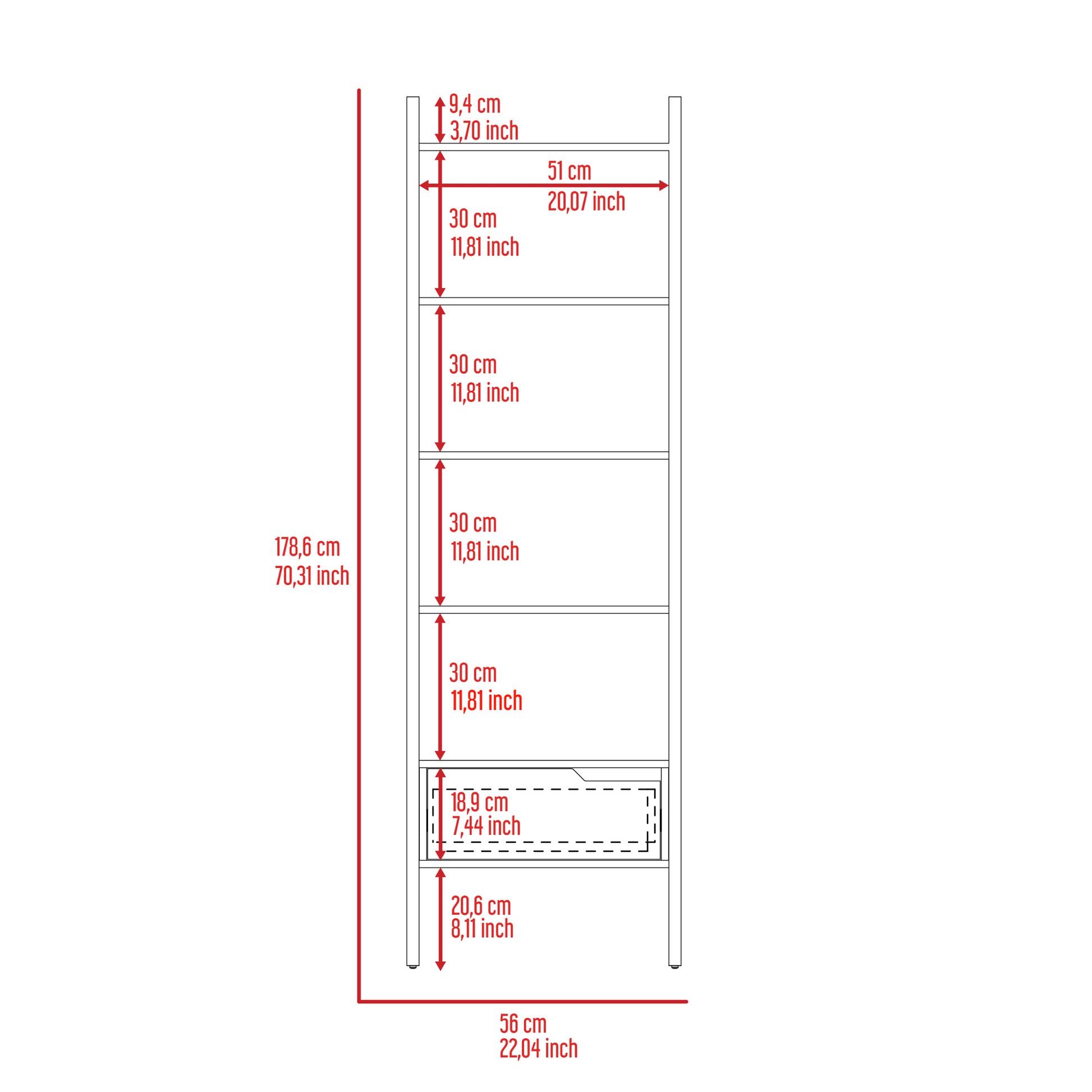 Hamburg Ladder Bookcase, Five Open Shelves, One