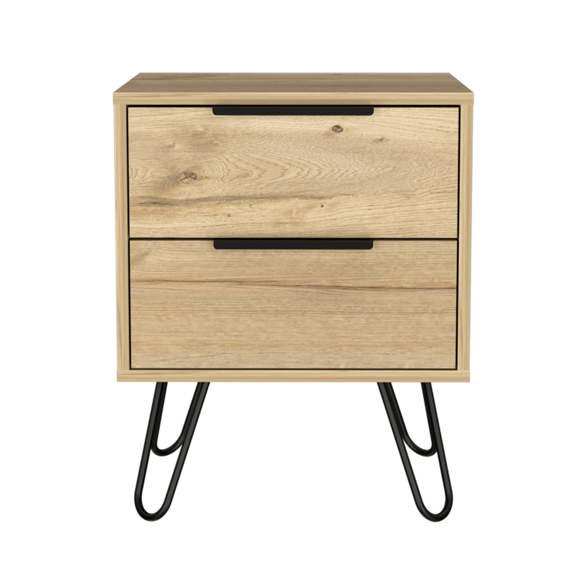 Nuvo 2 Nightstand,Two Drawers, Hairpin Legs Light Oak Pine Engineered Wood