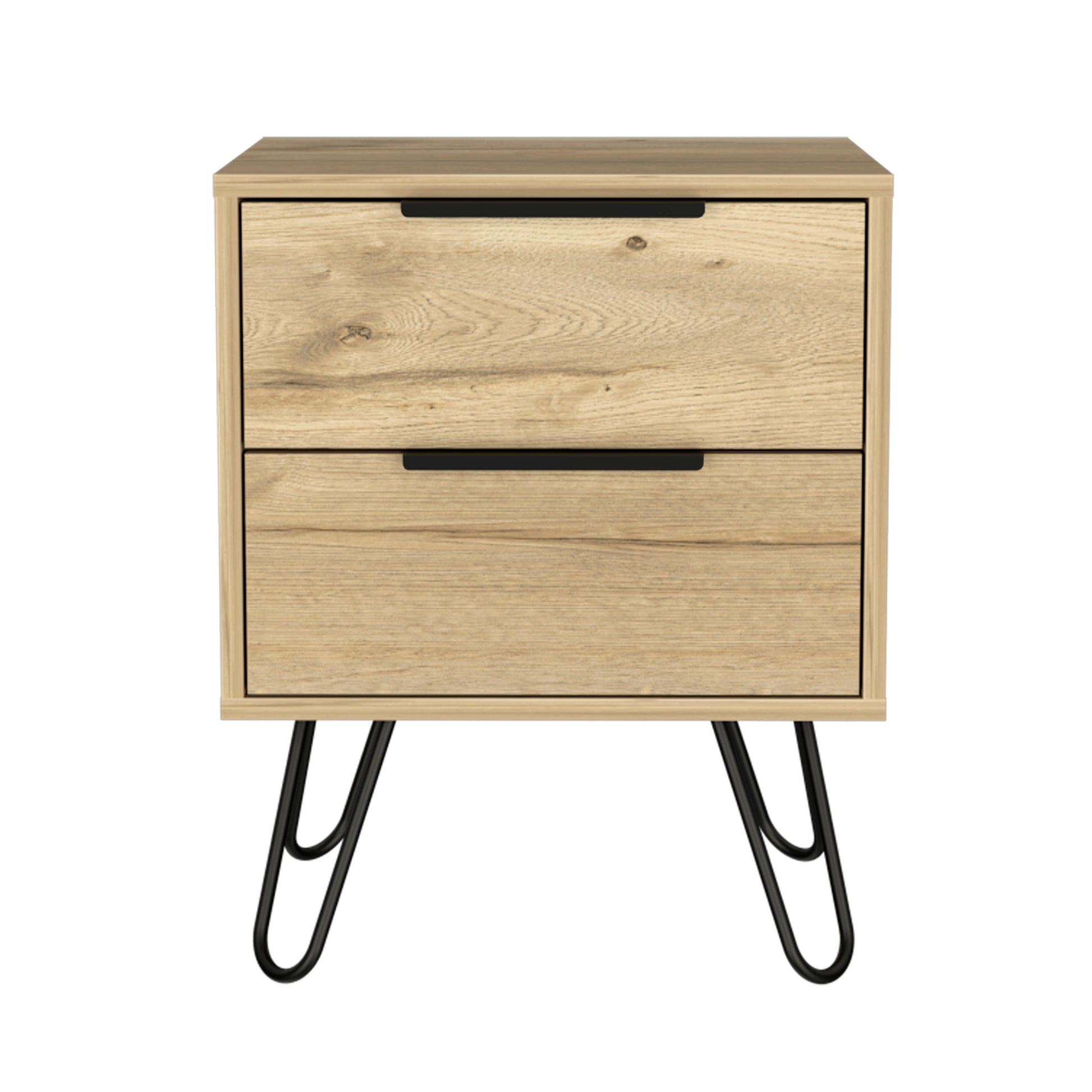 Nuvo 2 Nightstand,Two Drawers, Hairpin Legs Light Oak Pine Engineered Wood