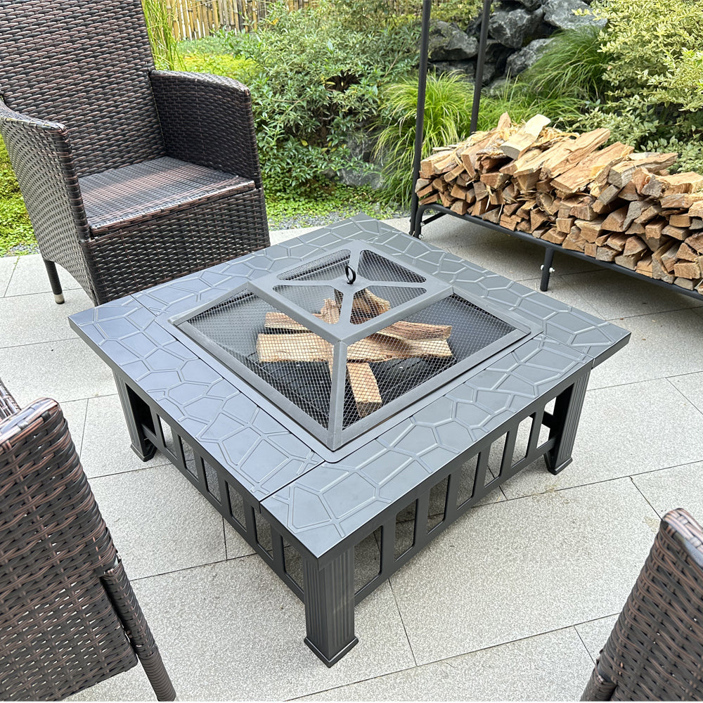 Fire Pit Table 32In Square Metal Firepit Stove Backyard Patio Garden Fireplace For Camping, Outdoor Heating, Bonfire And Picnic Black Garden & Outdoor Iron