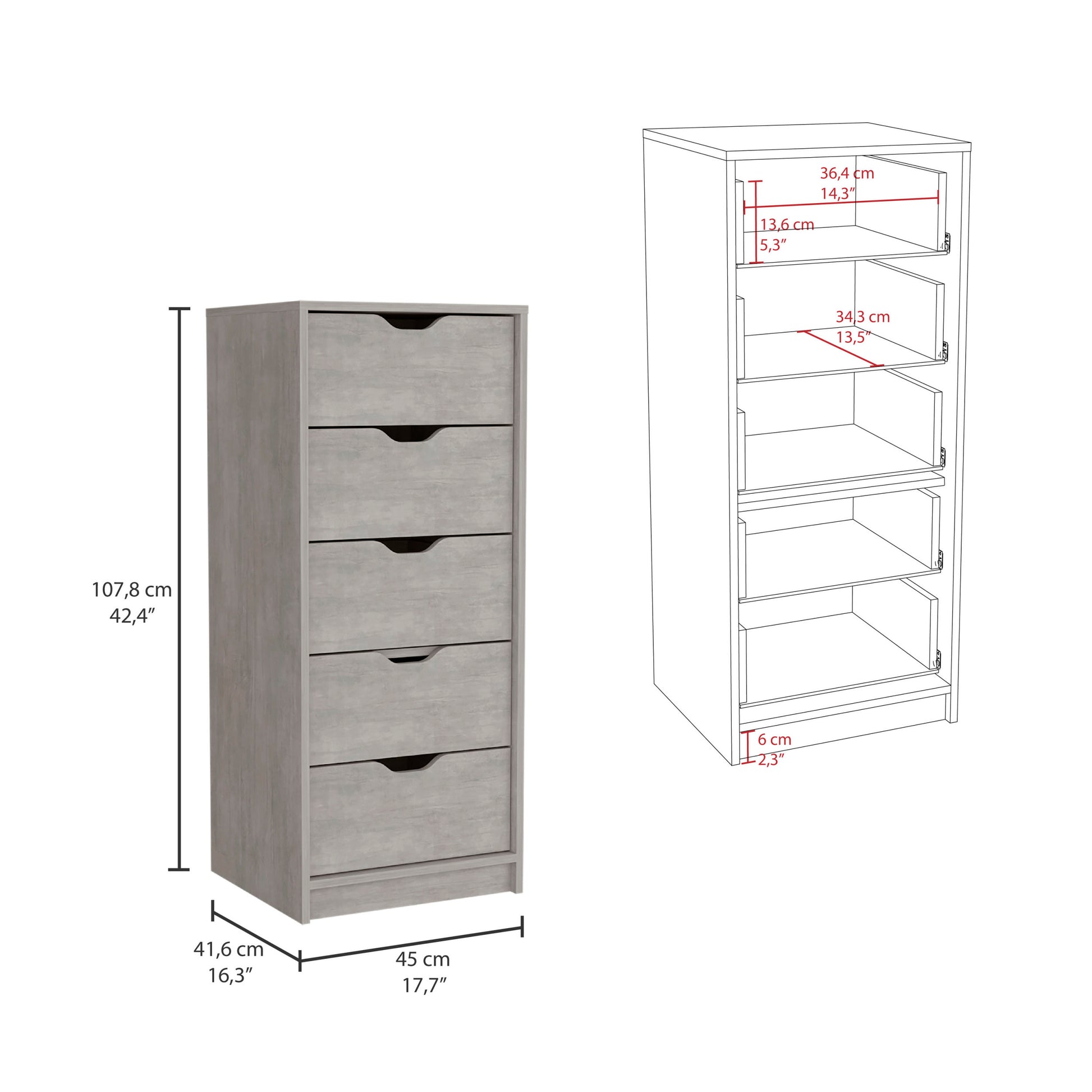 Basilea 5 Drawers Tall Dresser, Pull Out System Grey Bedroom Modern Mdf Engineered Wood