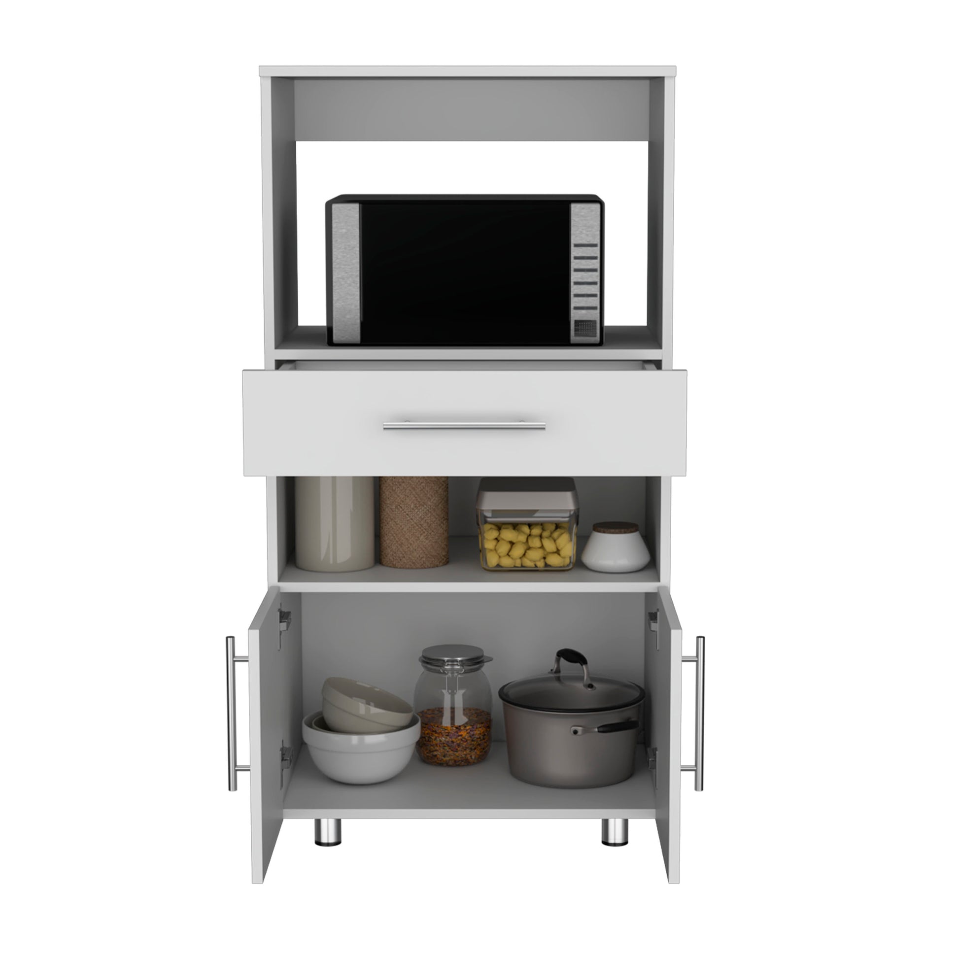 Worland Pantry Cabinet With Microwave Stand, Multi Functional With Drawer And 2 Door Freestanding 1 2 Drawers White Kitchen Shelves Included Modern Mdf Engineered Wood