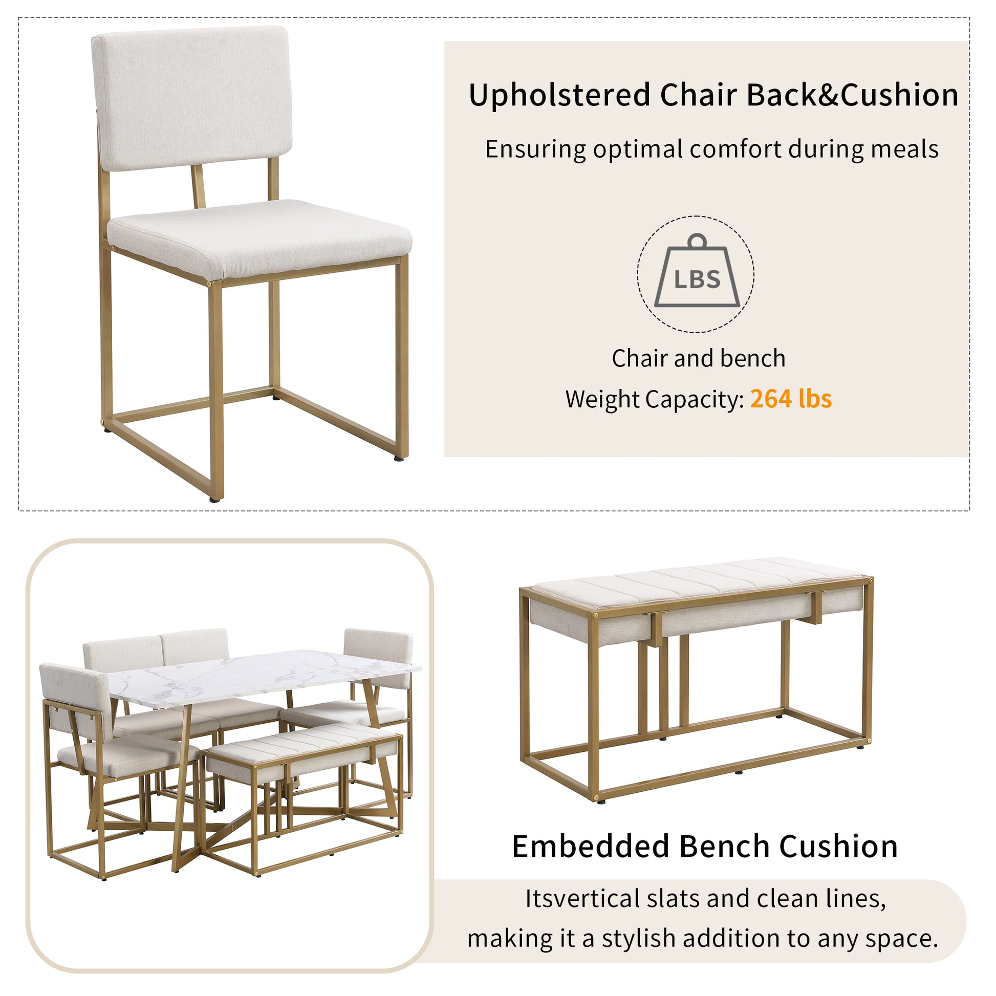 Modern Faux Marble 6 Piece Dining Table Set,60Inch Metal Kitchen Table Set With Upholstered Dining Chairs And Bench, Golden Metal Dining Room Bench Seating Rectangular Dining Table With Chair And Bench Metal Wood Golden Seats 6 60 Inches Farmhouse