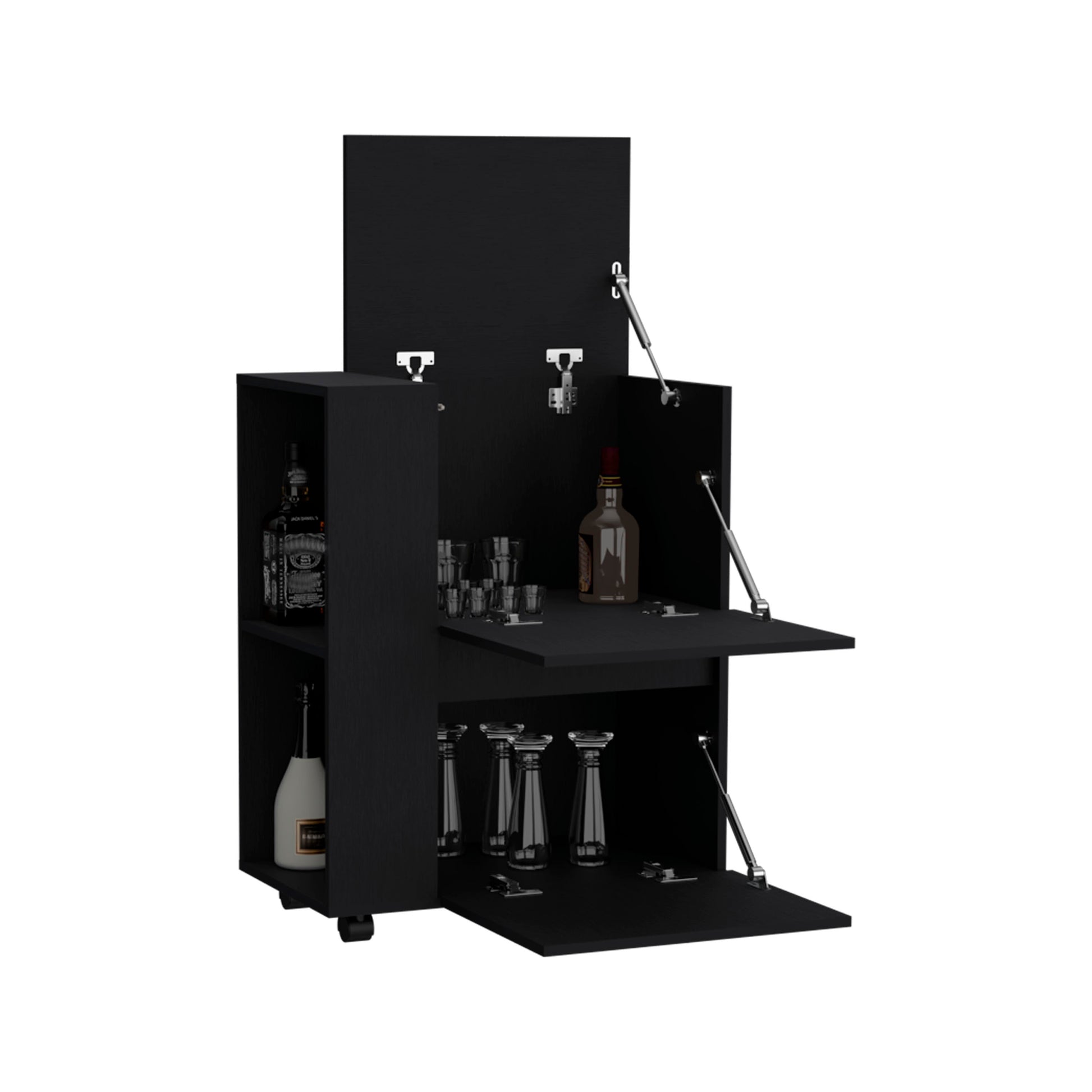 Glasgow Bar Cart Two Pull Down Door Cabinets And Two Open Shelves Freestanding 1 2 Spaces Black Primary Living Space Shelves Included Modern Mdf Engineered Wood