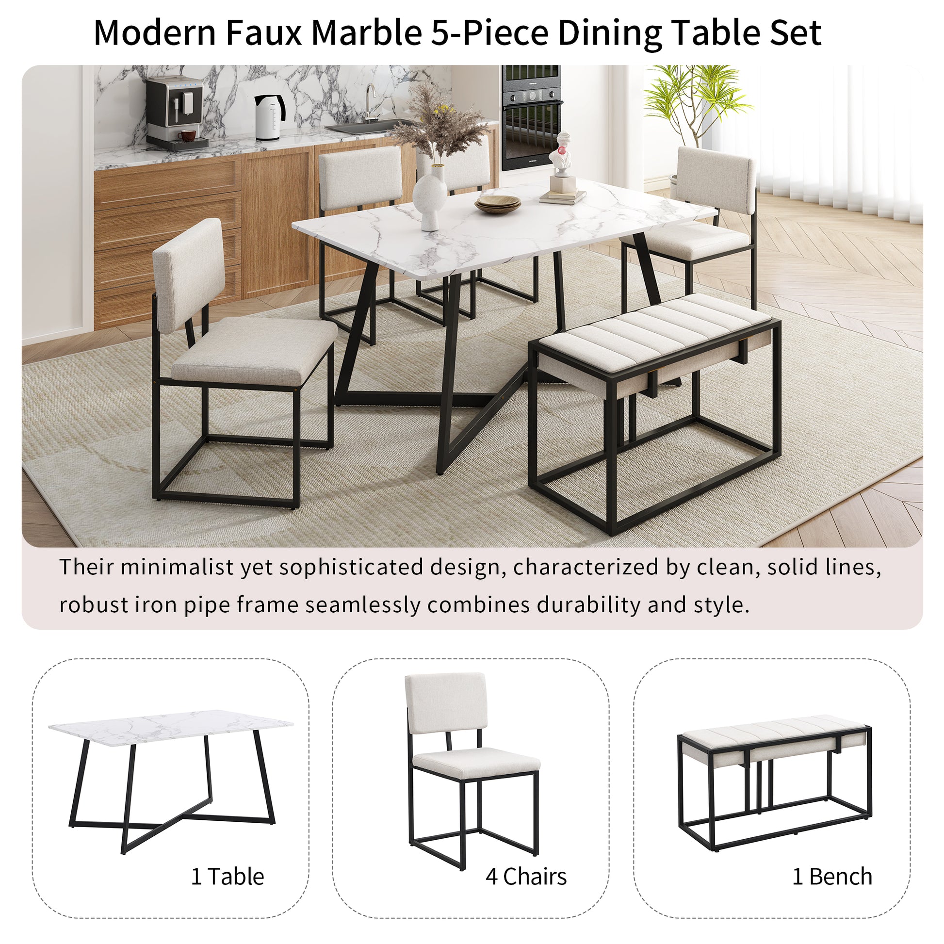 Modern Faux Marble 6 Piece Dining Table Set,60Inch Metal Kitchen Table Set With Upholstered Dining Chairs And Bench, Black Metal Dining Room Bench Seating Rectangular Dining Table With Chair And Bench Metal Wood Black Seats 6 60 Inches Farmhouse Trestle
