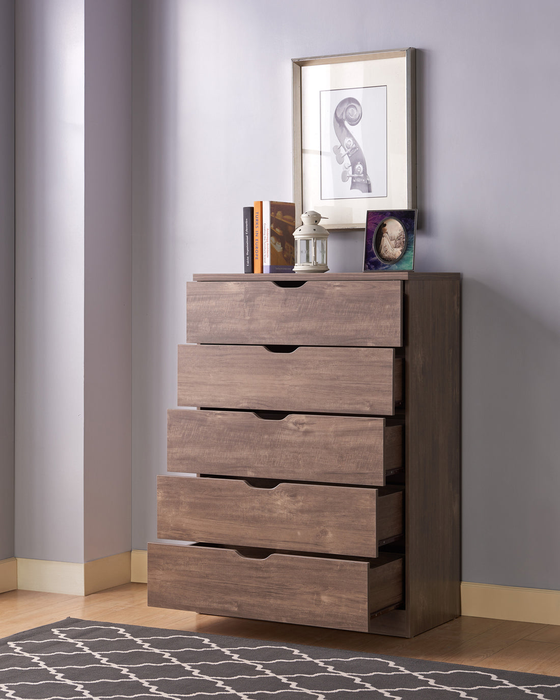 Modern Five Drawer Clothes And Storage Chest Cabinet With Cutout Handles In Hazelnut Color Brown Particle Board Mdf