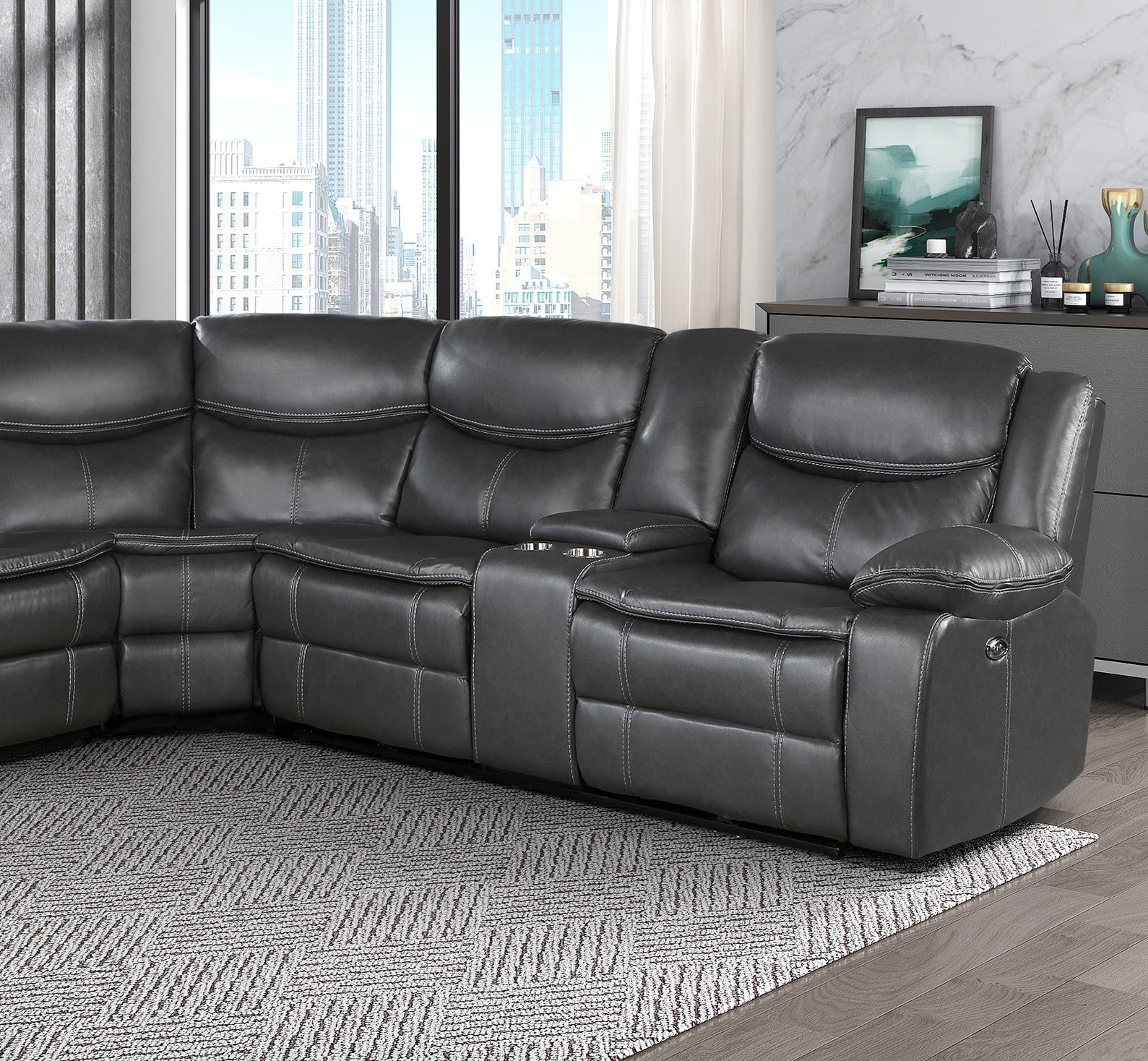 Modern 3 Piece Power Reclining Sectional With Right Side Console Dark Grayfaux Leather Usb Ports Solid Wood Living Room Furniture Dark Gray Faux Leather Wood Primary Living Space Contemporary,Modern Curved Pillow Top Arms Solid Wood 5 Seat