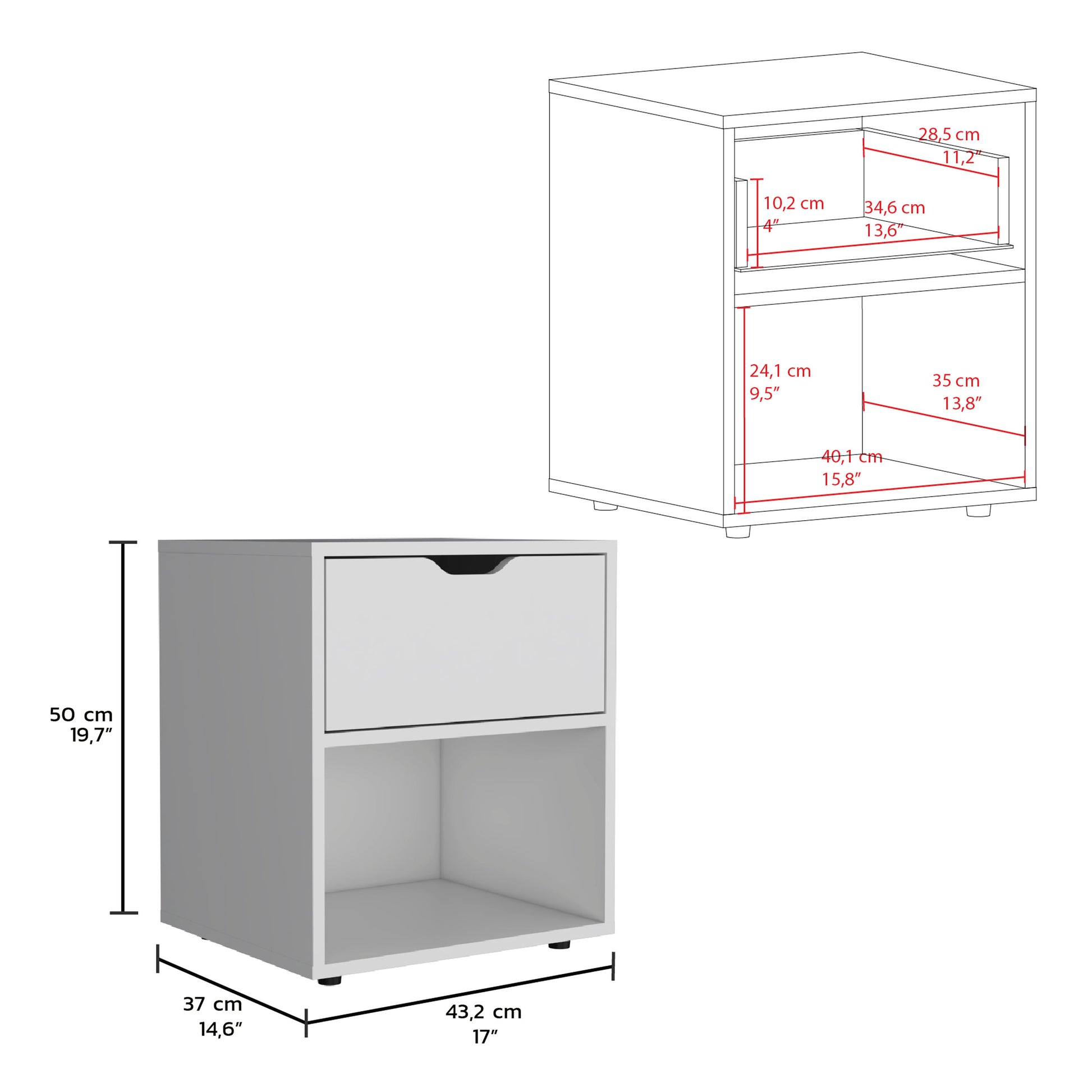 Aberdeeen 19.7 Inch High Nightstand End Table With Open Shelf White White 1 Drawer Rectangle Bathroom Modern Drawers Natural Mdf Engineered Wood