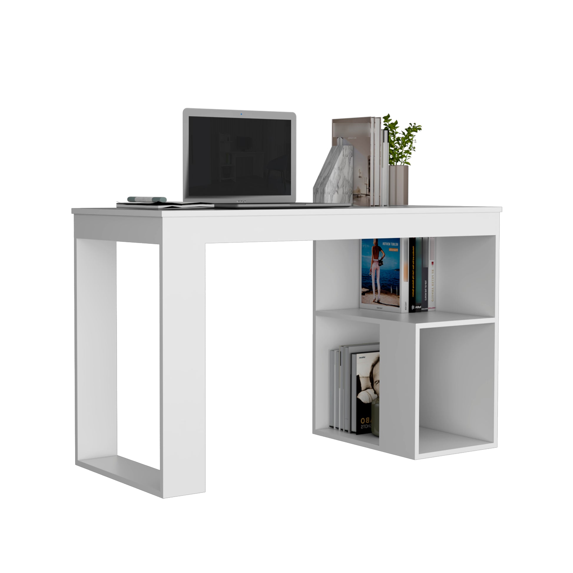 Astana Writing Desk, Two Shelves White Computer Desk Office Modern Rectangular Shelves Desk Rectangular Mdf Engineered Wood