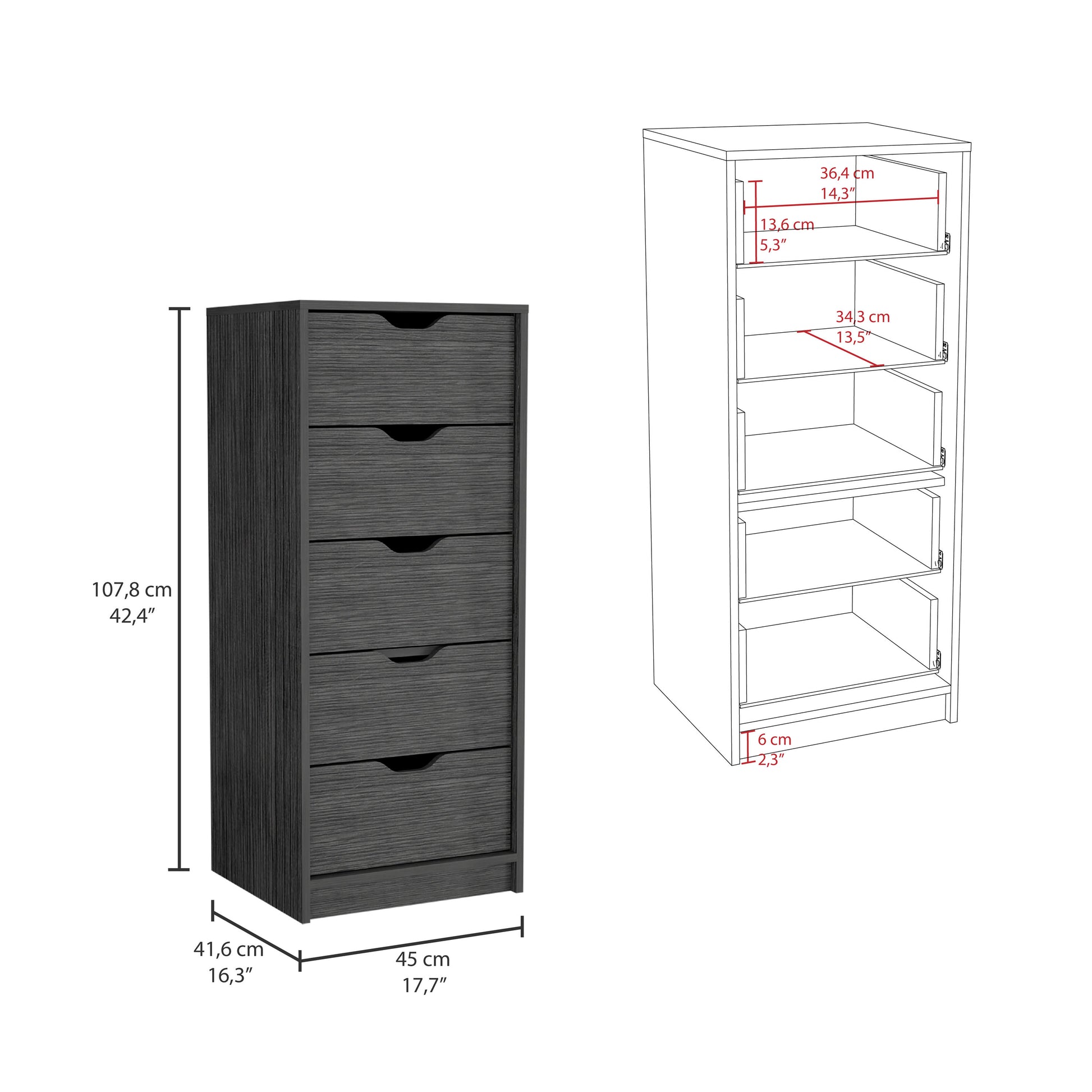 Basilea 5 Drawers Tall Dresser, Pull Out System Brown Bedroom Modern Mdf Engineered Wood