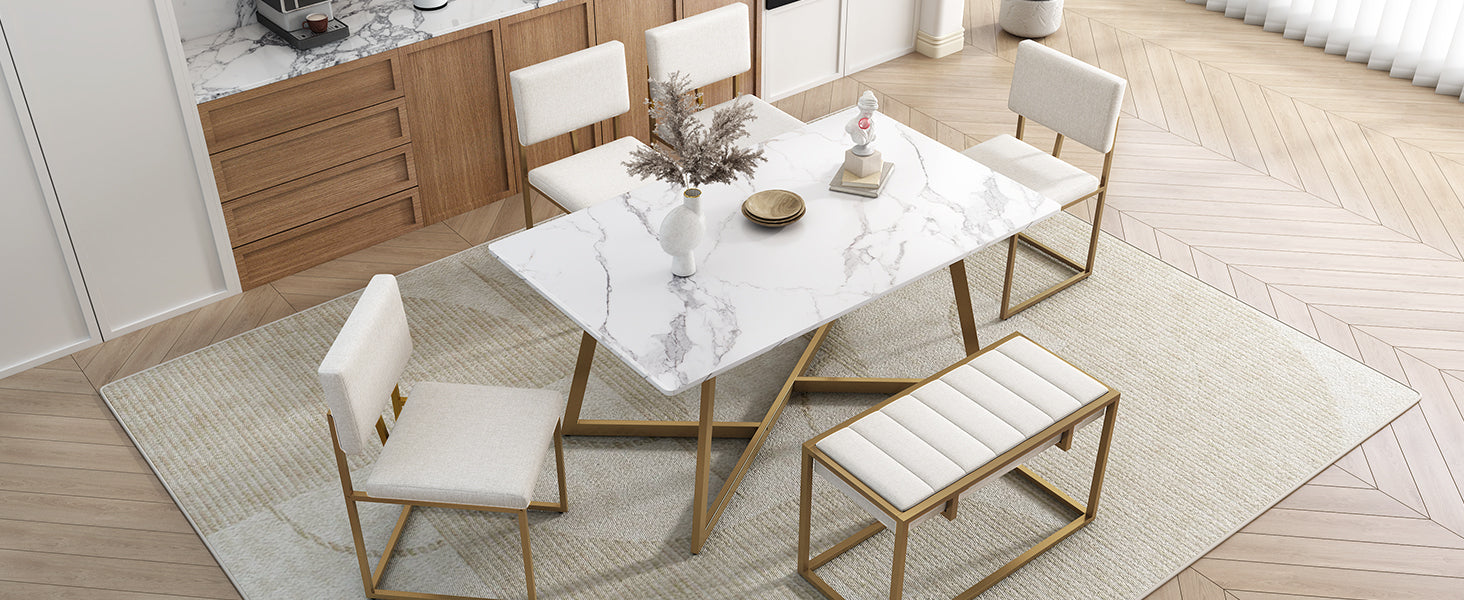 Modern Faux Marble 6 Piece Dining Table Set,60Inch Metal Kitchen Table Set With Upholstered Dining Chairs And Bench, Golden Metal Dining Room Bench Seating Rectangular Dining Table With Chair And Bench Metal Wood Golden Seats 6 60 Inches Farmhouse