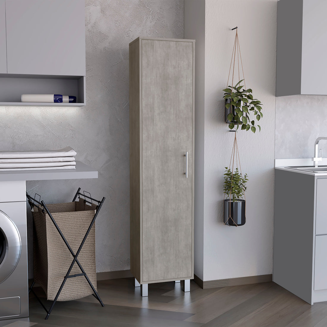 Laska Storage Cabinet, Broom Hangers, 1 Door Freestanding Natural Grey Primary Living Space Modern Mdf Engineered Wood