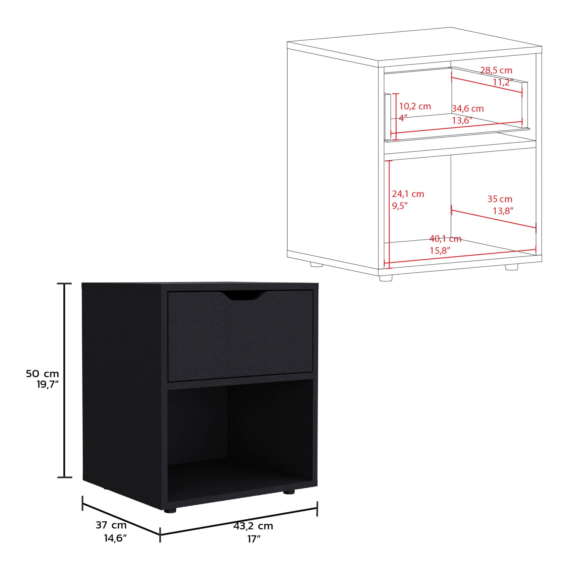 Aberdeeen 19.7 Inch High Nightstand End Table With Open Shelf Black 1 Drawer Bedroom Rectangle Modern Natural Mdf Engineered Wood