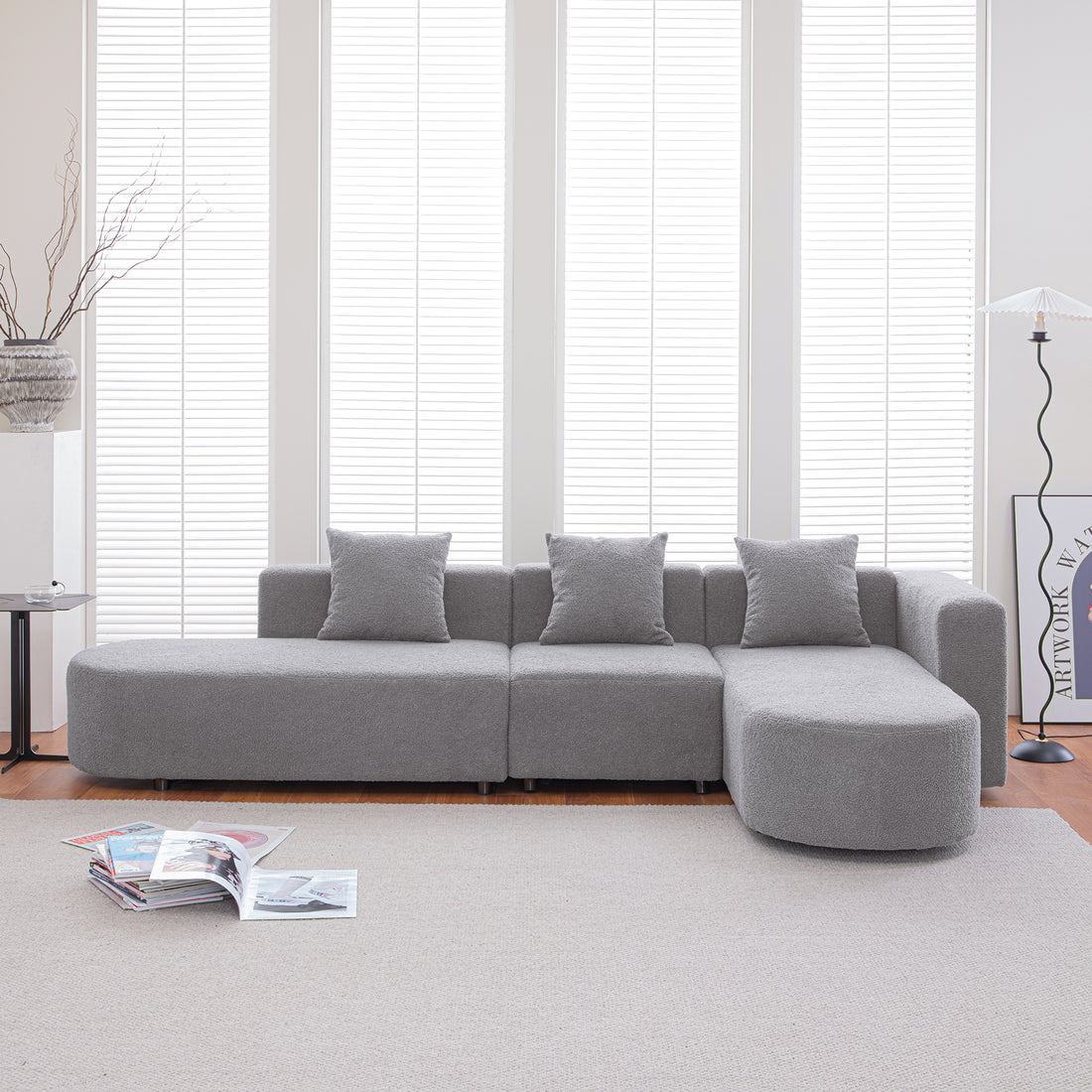 Modern L Shape Boucle Sofa With Curved Seat Facing Right Gray Modern Boucle