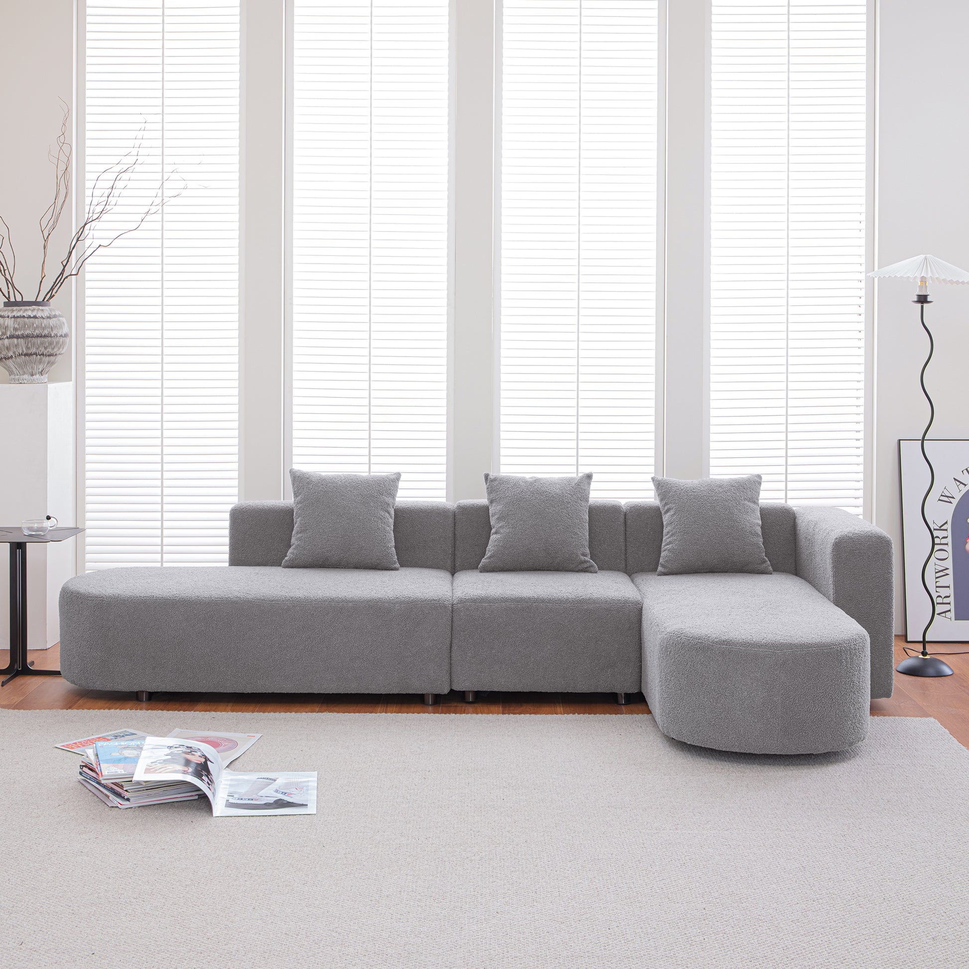 Modern L Shape Boucle Sofa With Curved Seat Facing Right Gray Modern Boucle