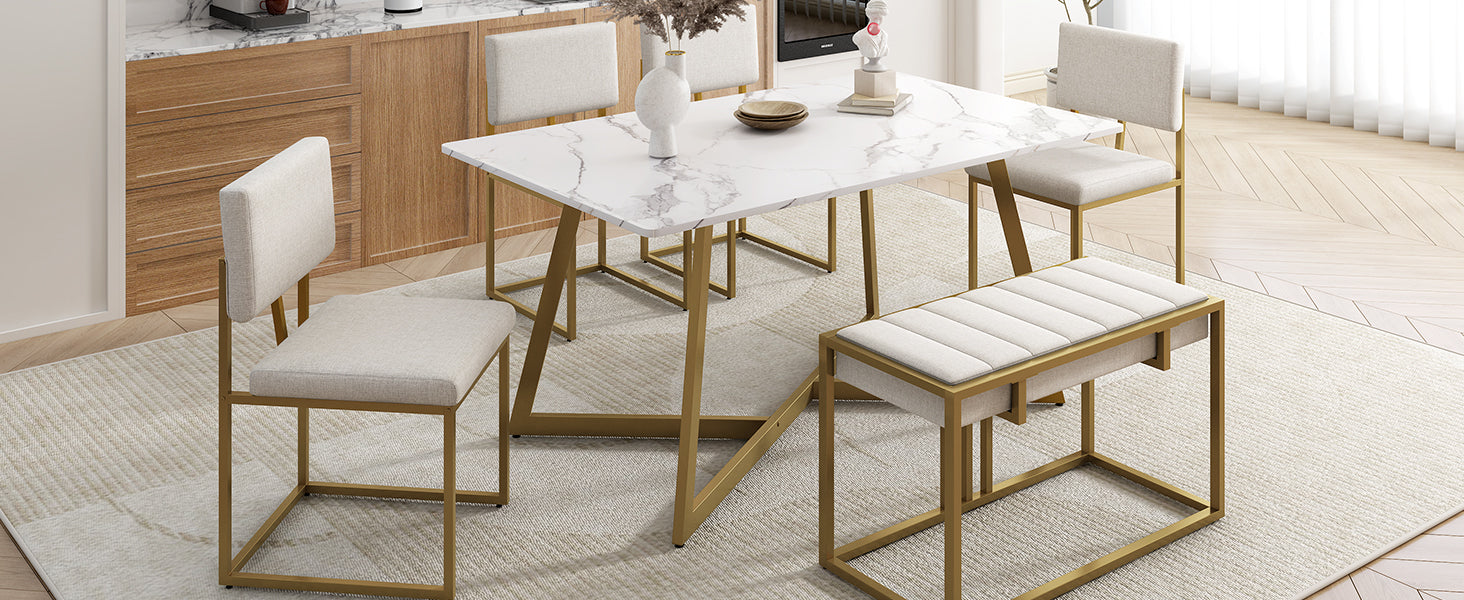 Modern Faux Marble 6 Piece Dining Table Set,60Inch Metal Kitchen Table Set With Upholstered Dining Chairs And Bench, Golden Metal Dining Room Bench Seating Rectangular Dining Table With Chair And Bench Metal Wood Golden Seats 6 60 Inches Farmhouse