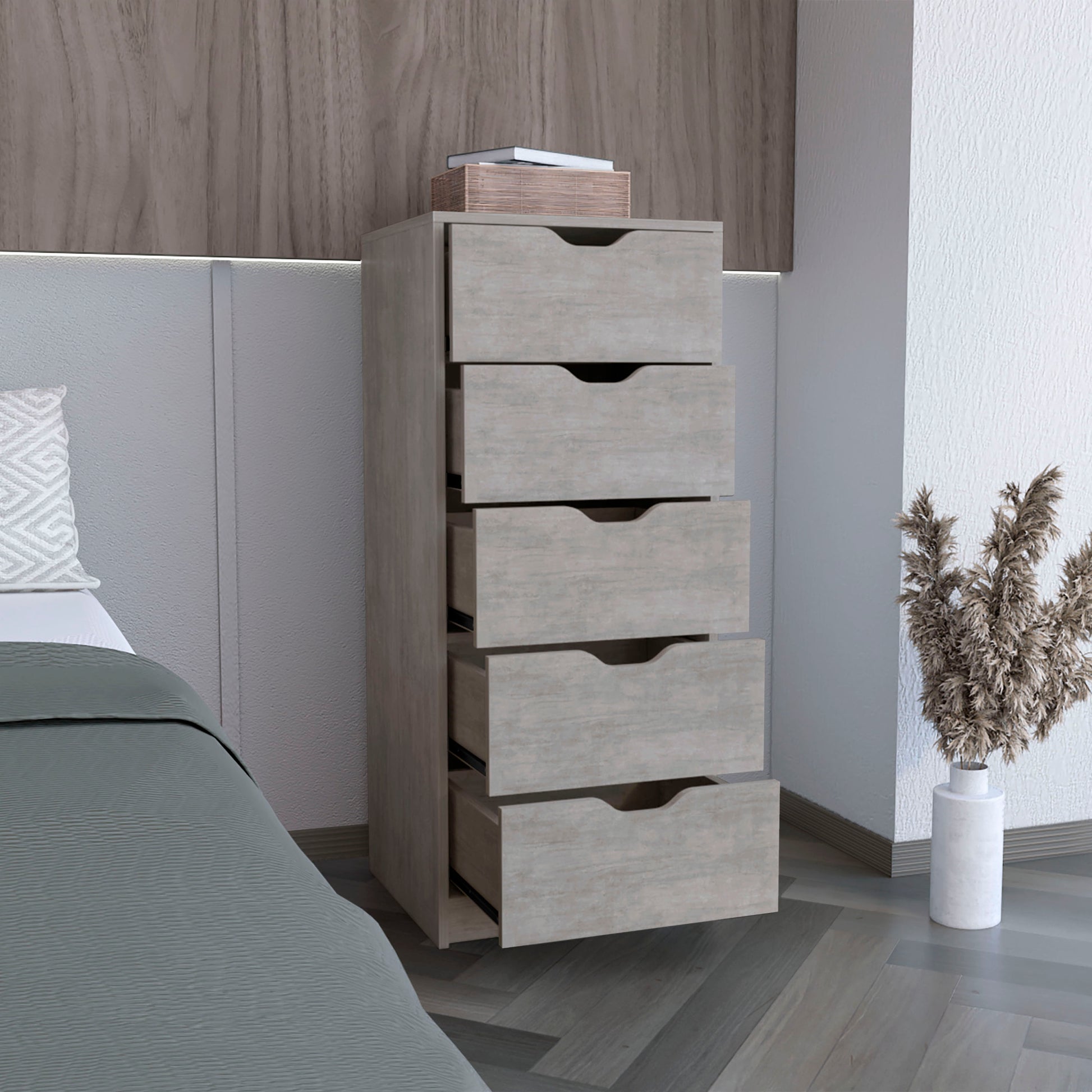 Basilea 5 Drawers Tall Dresser, Pull Out System Grey Bedroom Modern Mdf Engineered Wood