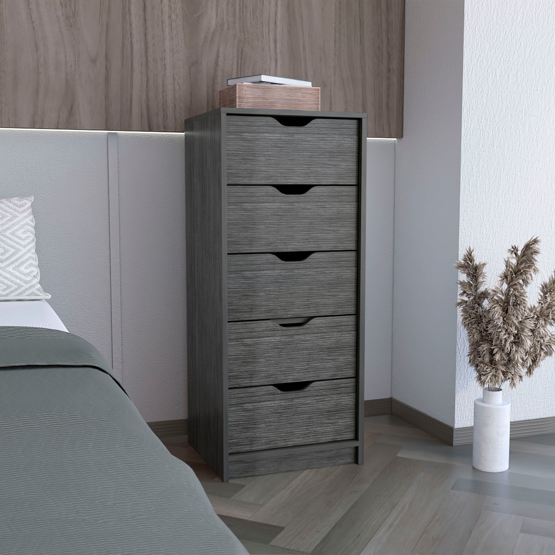 Basilea 5 Drawers Tall Dresser, Pull Out System Brown Bedroom Modern Mdf Engineered Wood