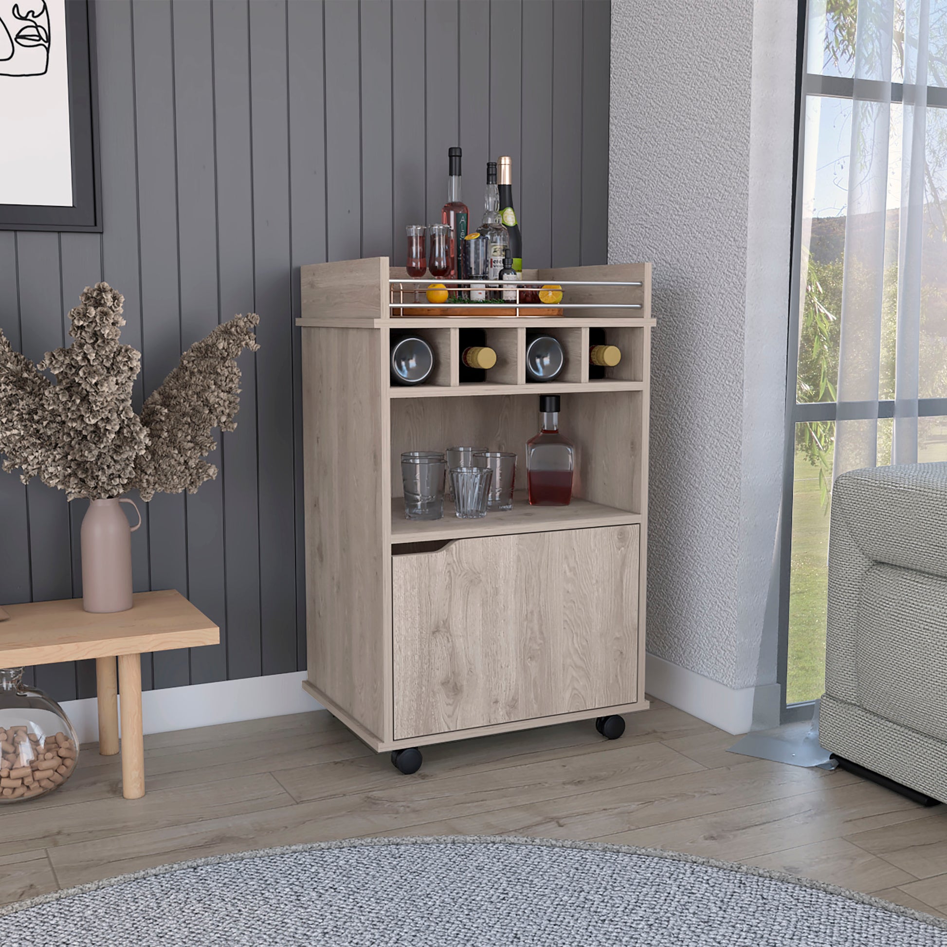 Phoenix Bar Cart With 2 Open Shelves 4 Cubbies And Cabinet Freestanding 1 2 Spaces Beige Primary Living Space Shelves Included Modern Mdf Engineered Wood